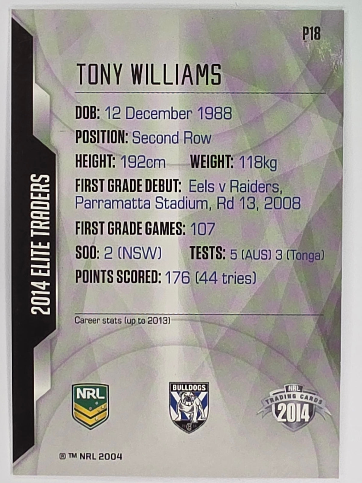 NRL 2014 Elite | Silver Parallel #P18 | Tony Williams | Canterbury Bankstown Bulldogs