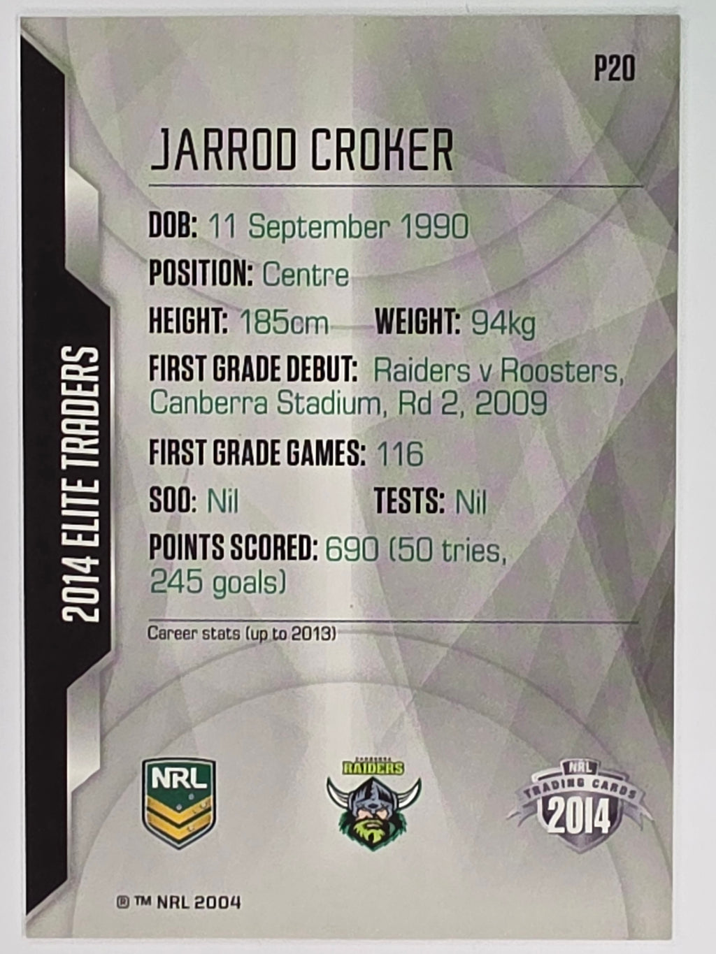 NRL 2014 Elite | Silver Parallel #P20 | Jarrod Croker | Canberra Raiders