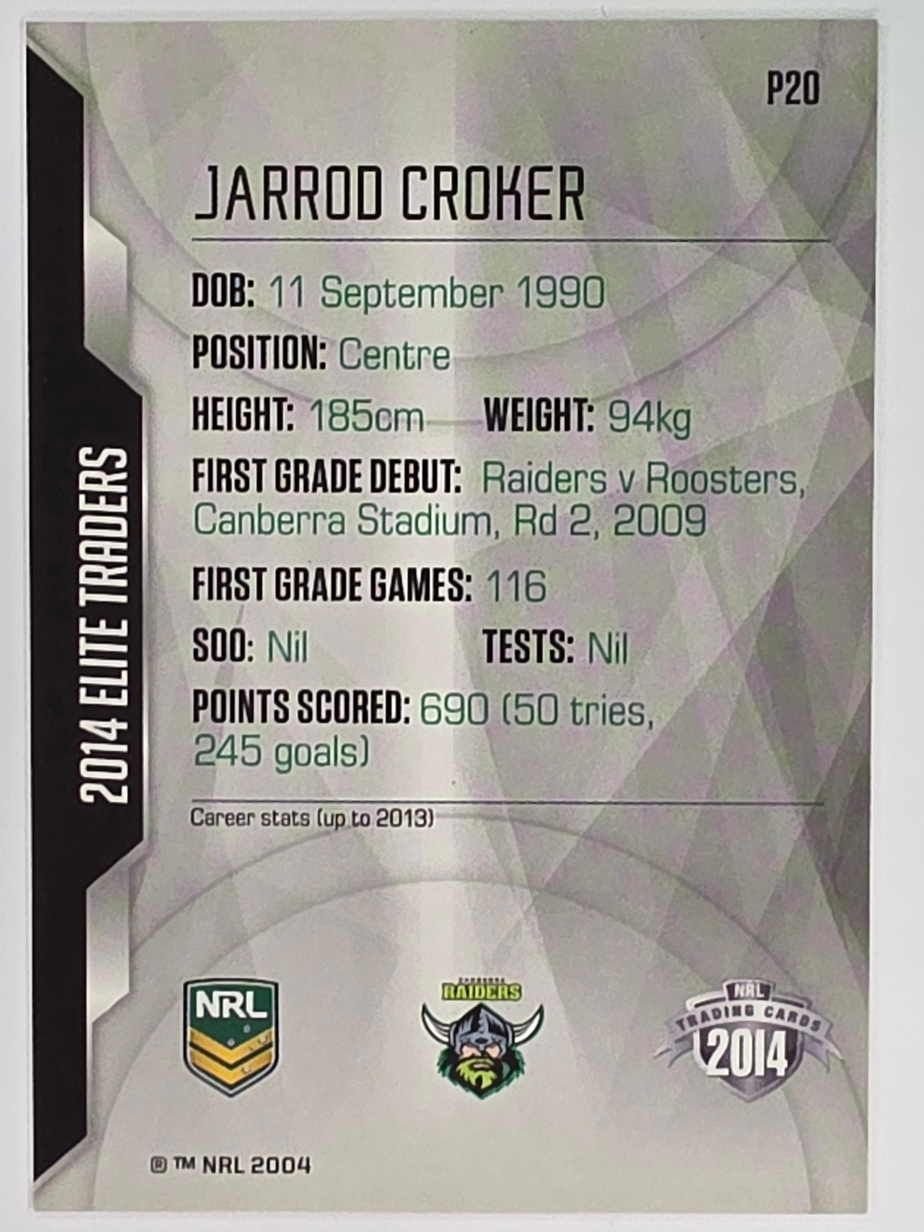 NRL 2014 Elite | Silver Parallel #P20 | Jarrod Croker | Canberra Raiders