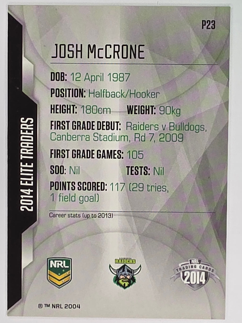 NRL 2014 Elite | Silver Parallel #P23 | Josh McCrone | Canberra Raiders