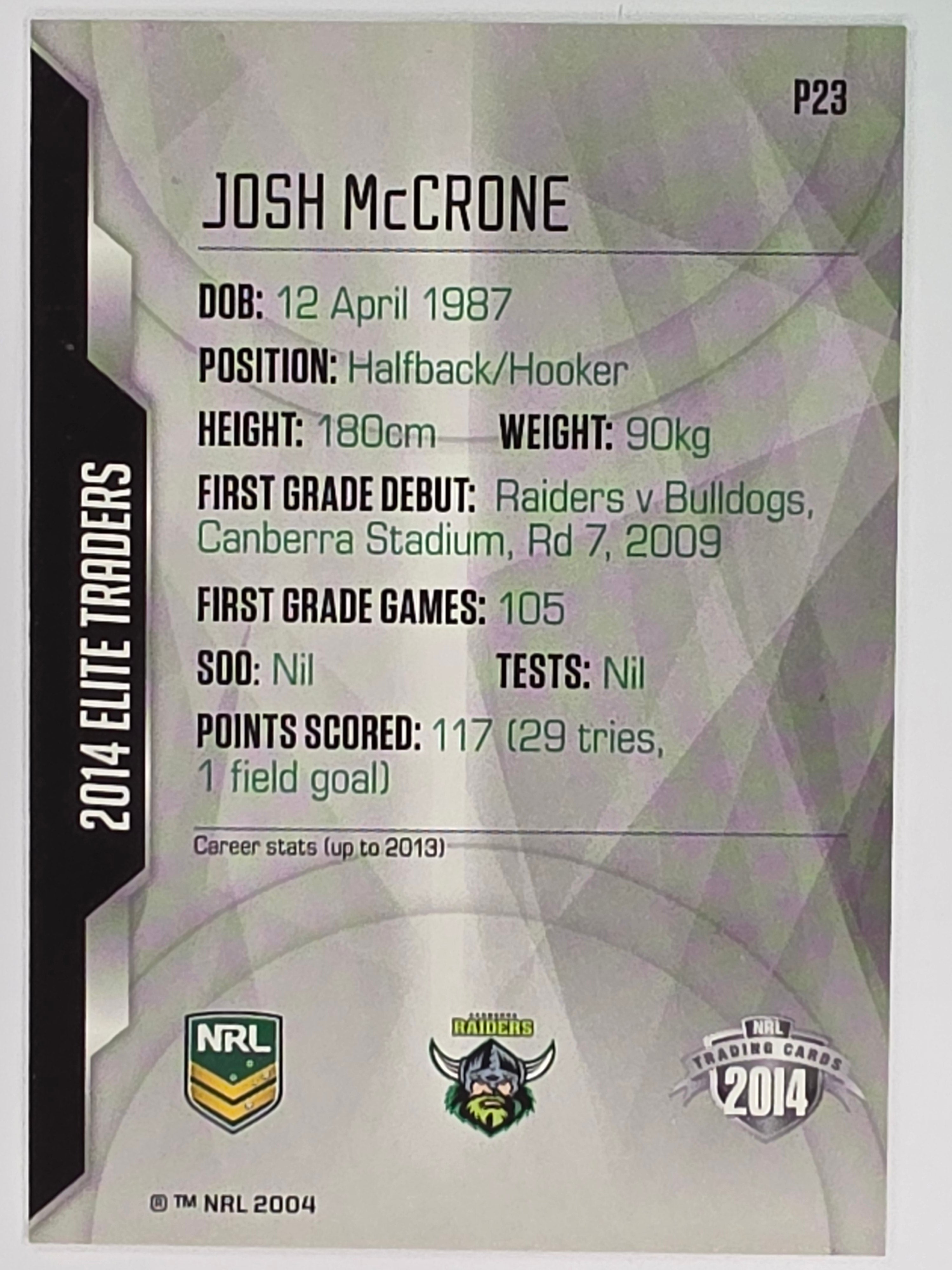 NRL 2014 Elite | Silver Parallel #P23 | Josh McCrone | Canberra Raiders