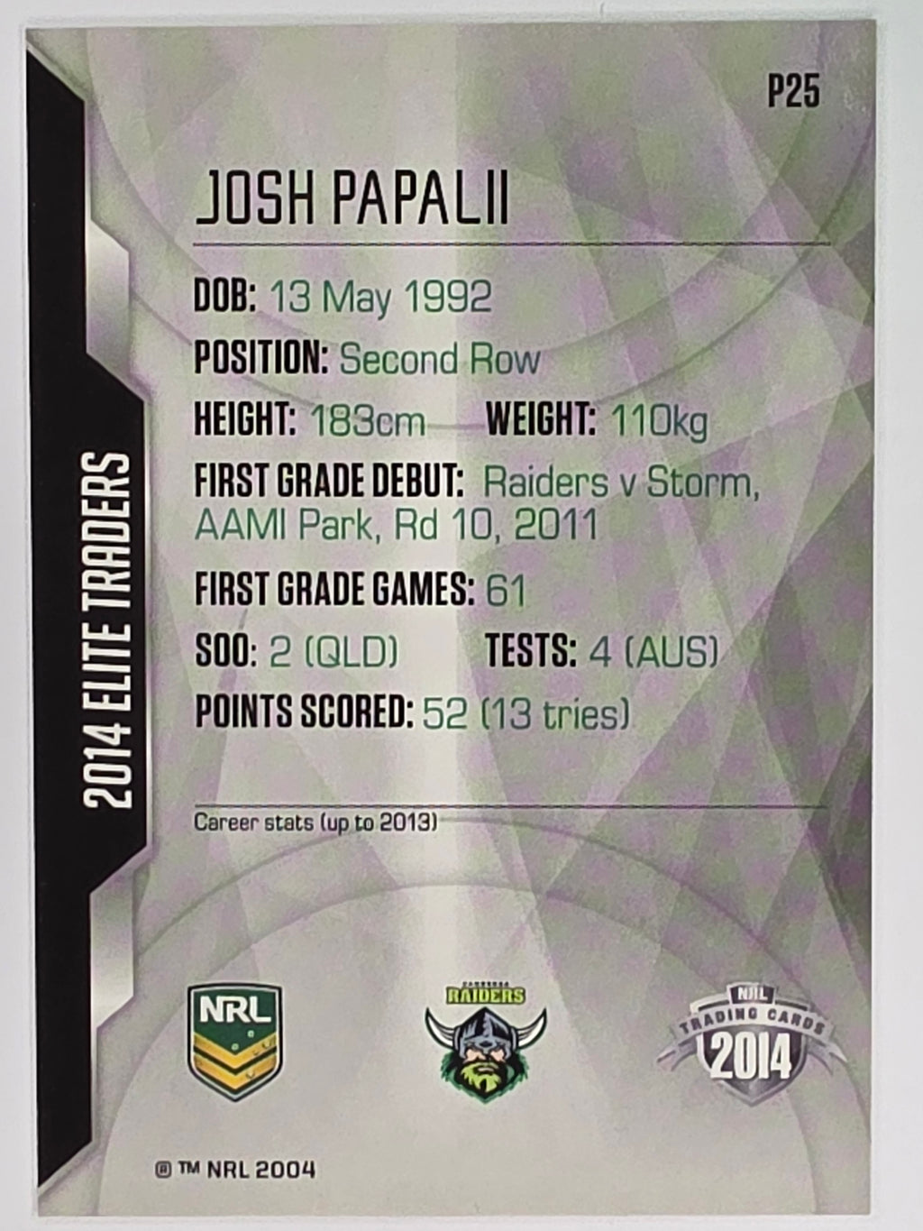 NRL 2014 Elite | Silver Parallel #P25 | Josh Papalii | Canberra Raiders