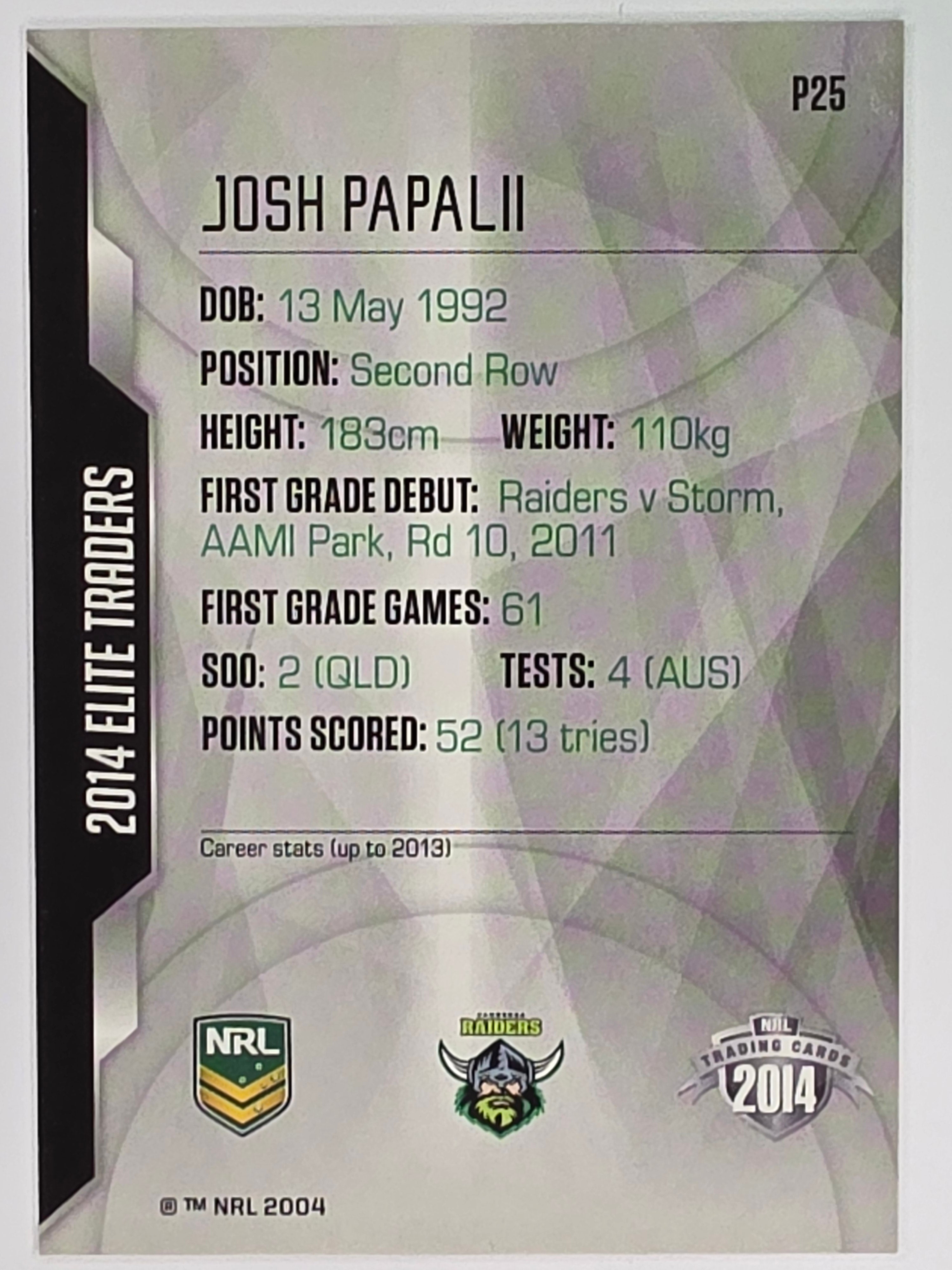 NRL 2014 Elite | Silver Parallel #P25 | Josh Papalii | Canberra Raiders