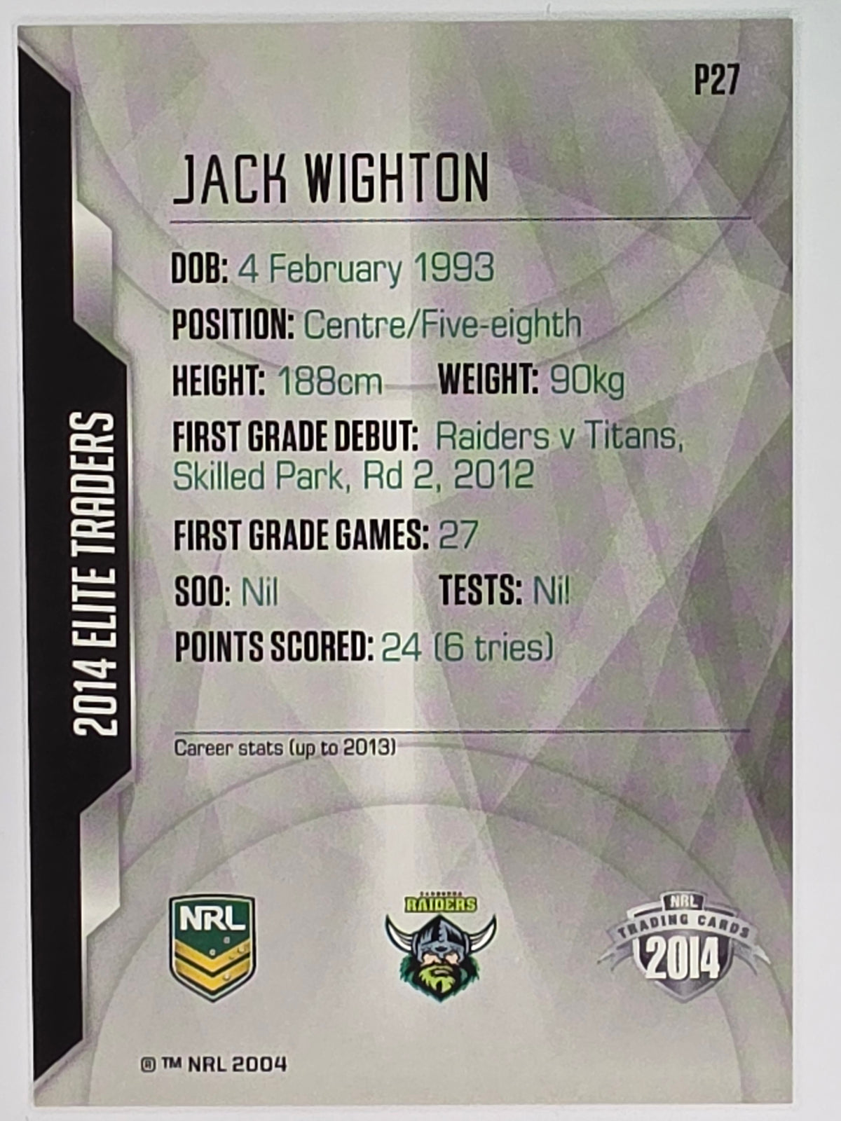 NRL 2014 Elite | Silver Parallel #P27 | Jack Wighton | Canberra Raiders