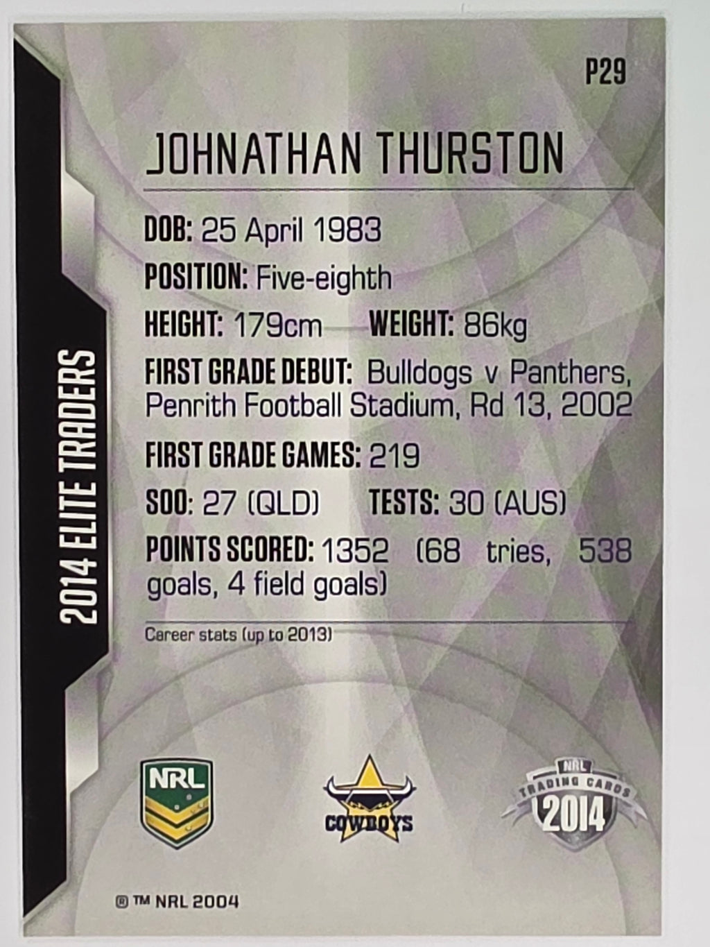 NRL 2014 Elite | Silver Parallel #P29 | Johnathan Thurston | North Queensland Cowboys