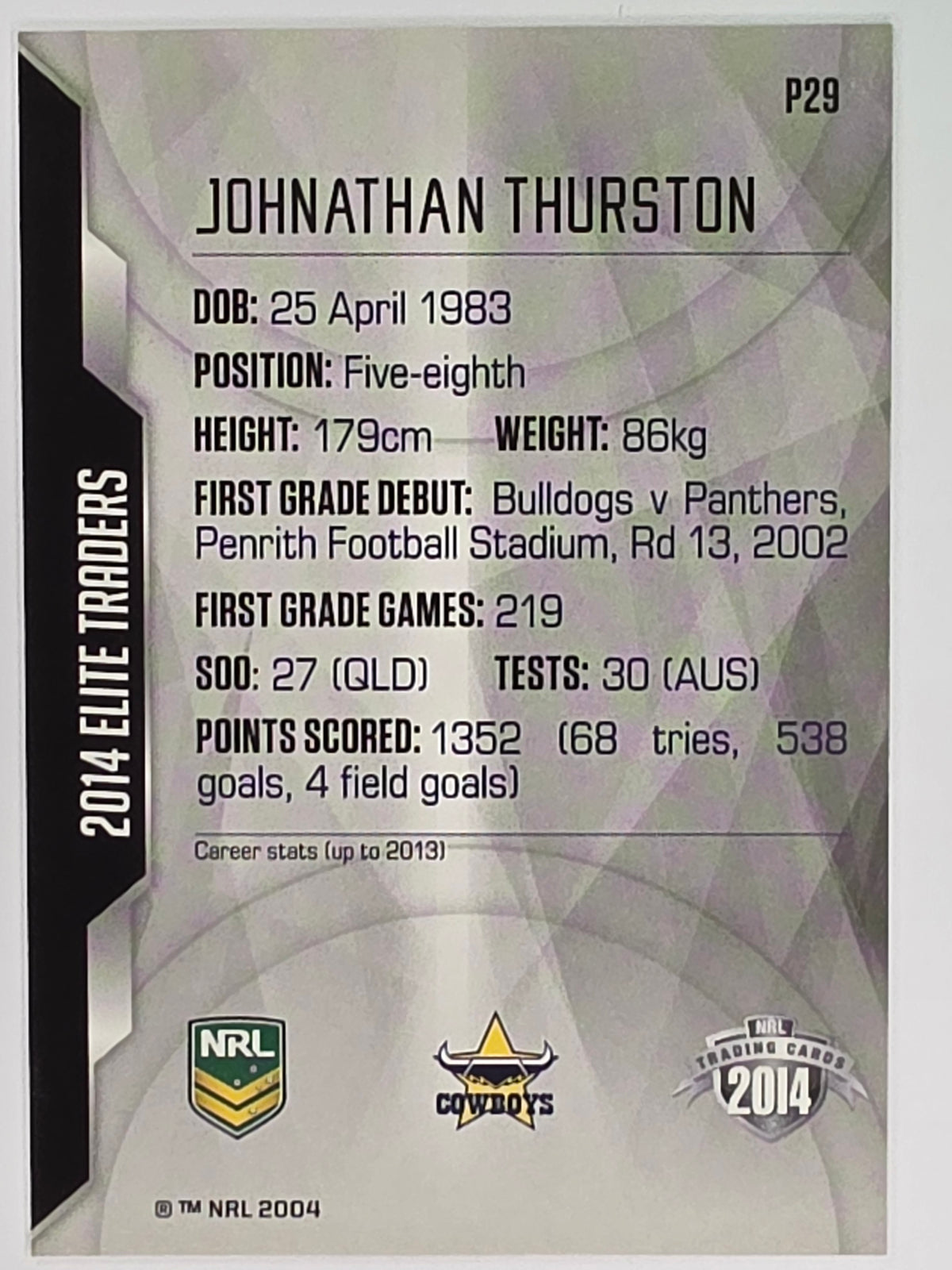 NRL 2014 Elite | Silver Parallel #P29 | Johnathan Thurston | North Queensland Cowboys