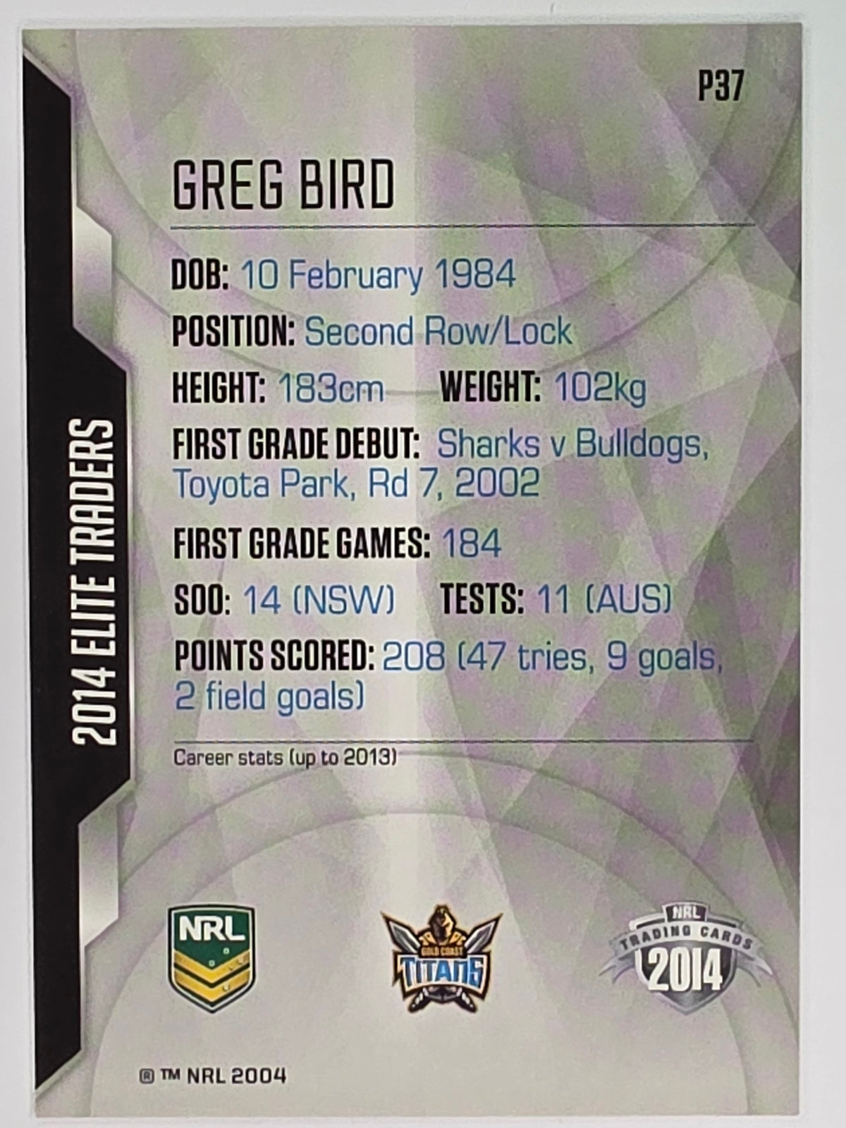 NRL 2014 Elite | Silver Parallel #P37 | Greg Bird | Gold Coast Titans