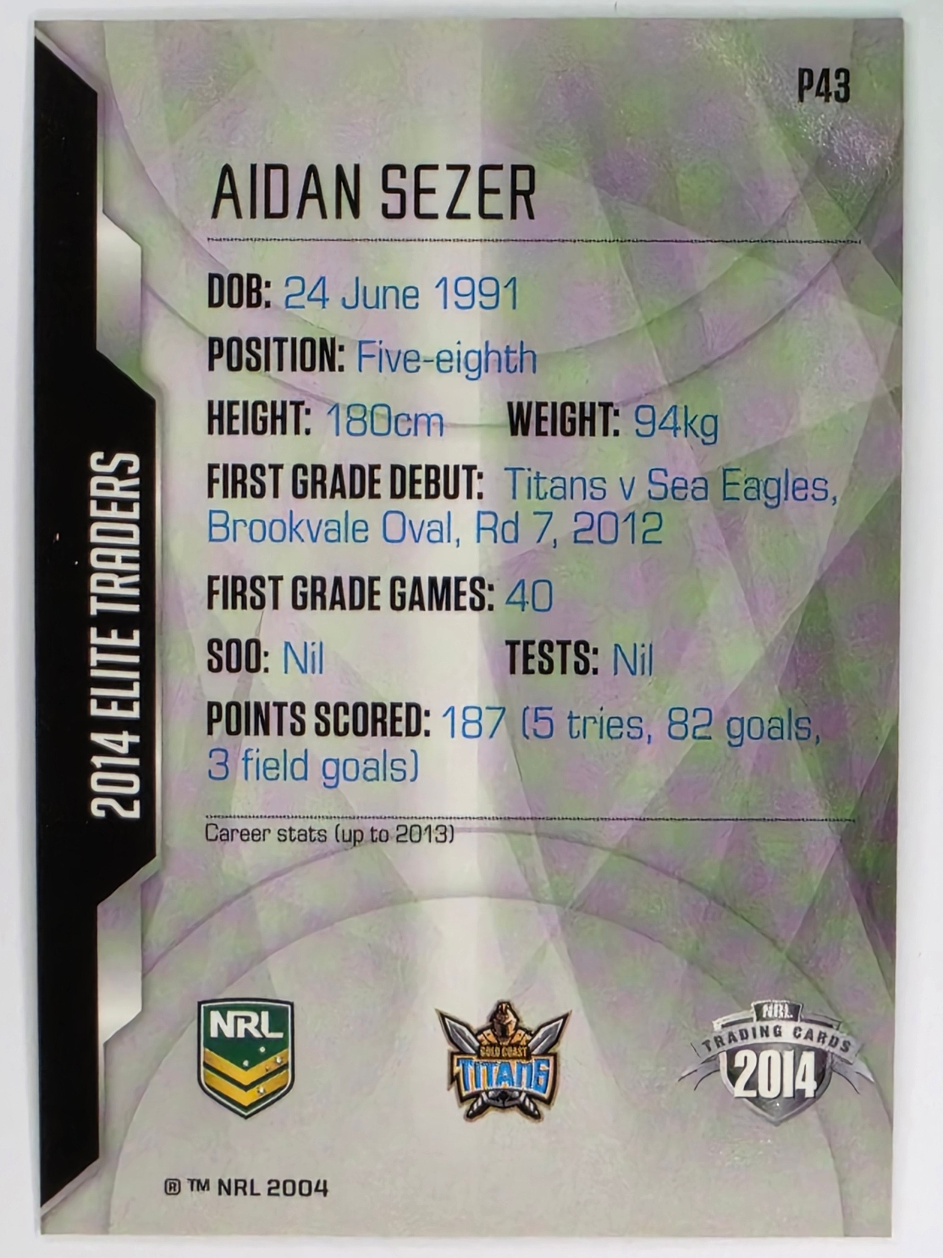 NRL 2014 Elite | Silver Parallel #P43 | Aidan Sezer | Gold Coast Titans