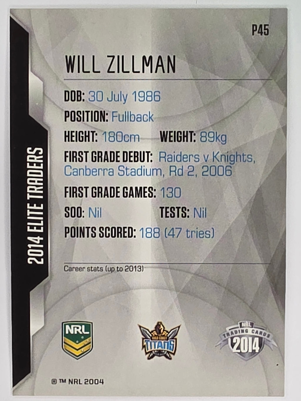 NRL 2014 Elite | Silver Parallel #P45 | Will Zillman | Gold Coast Titans