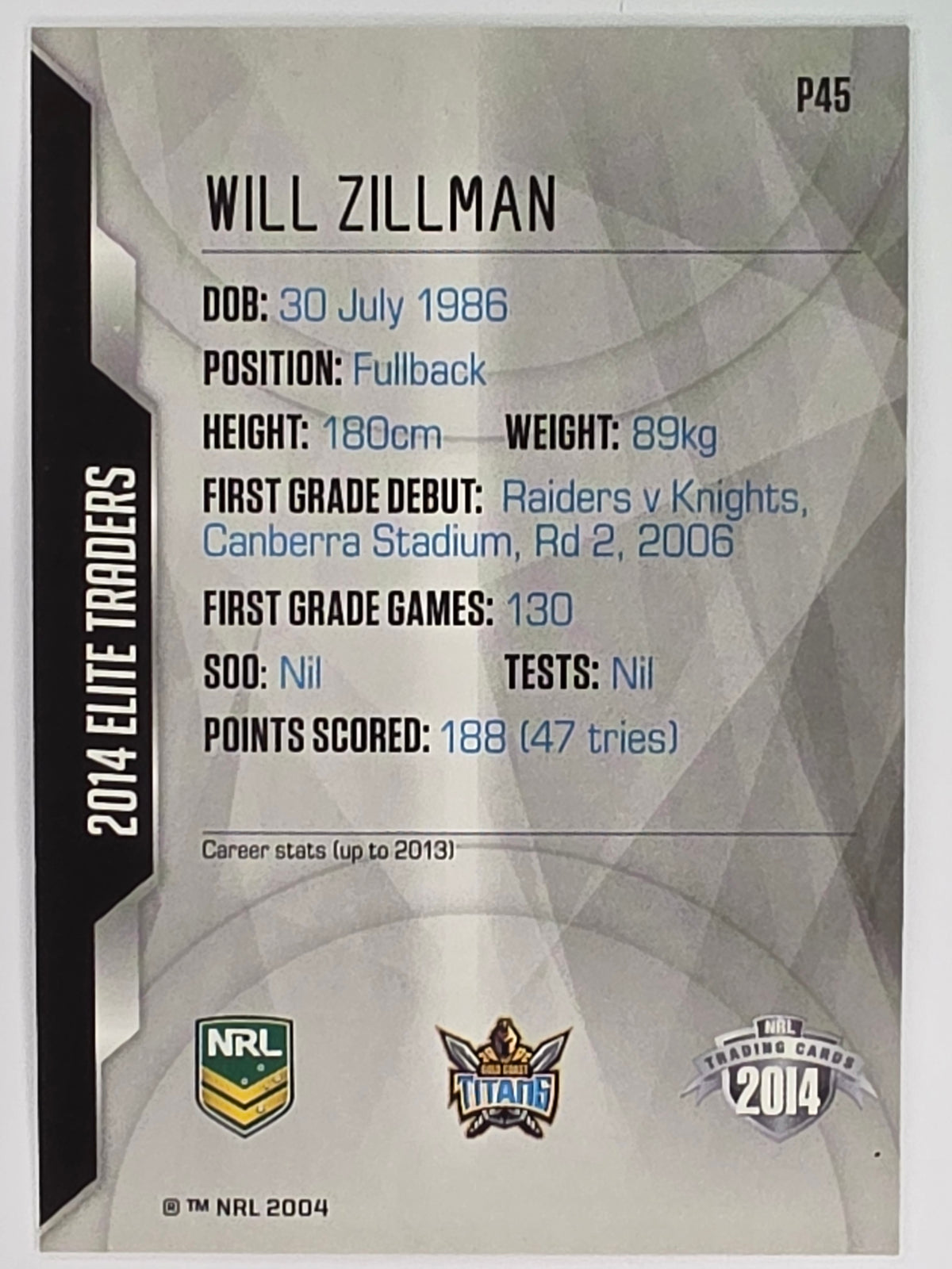 NRL 2014 Elite | Silver Parallel #P45 | Will Zillman | Gold Coast Titans