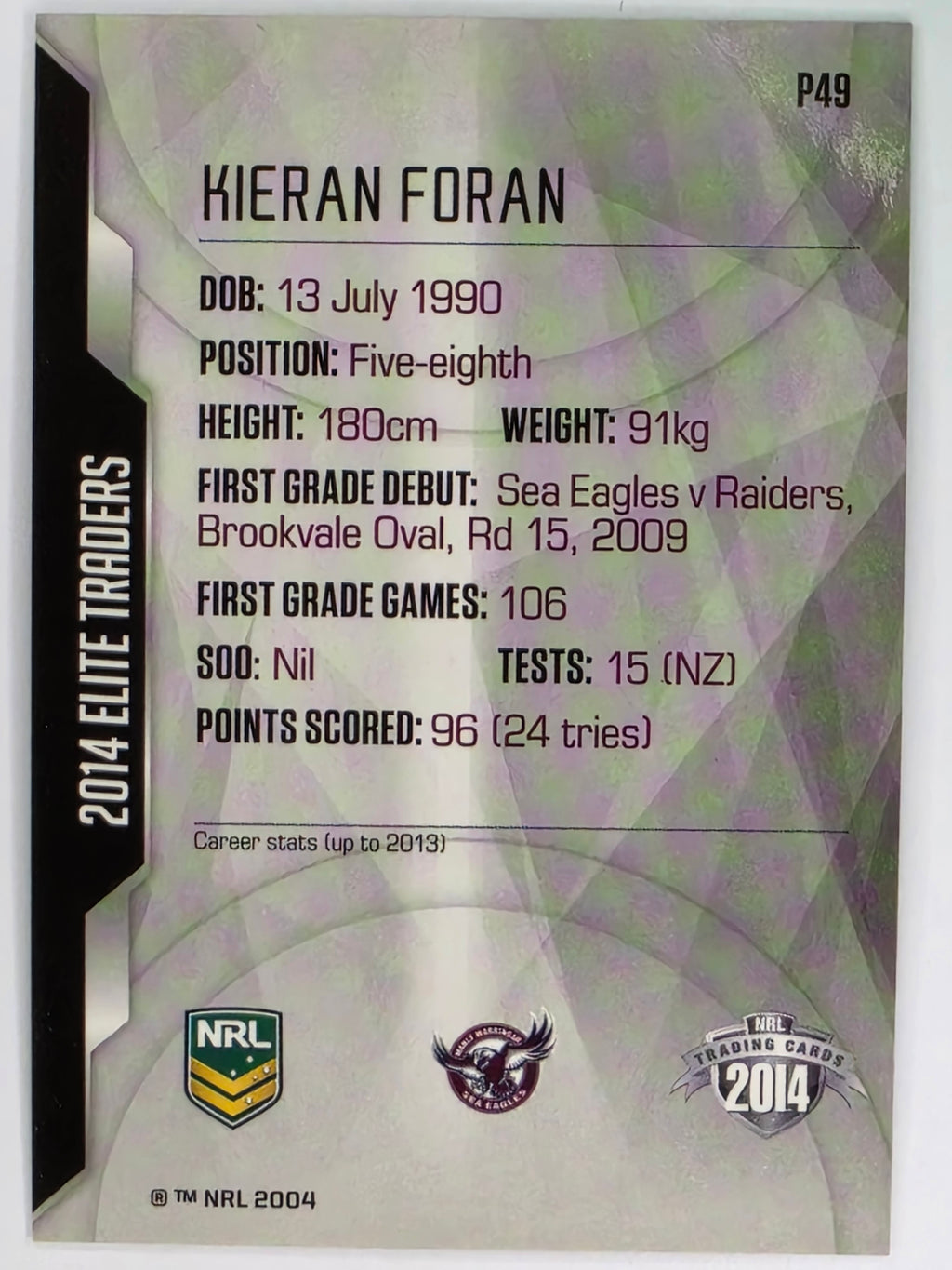 NRL 2014 Elite | Silver Parallel #P49 | Kieran Foran | Manly Warringah Sea Eagles