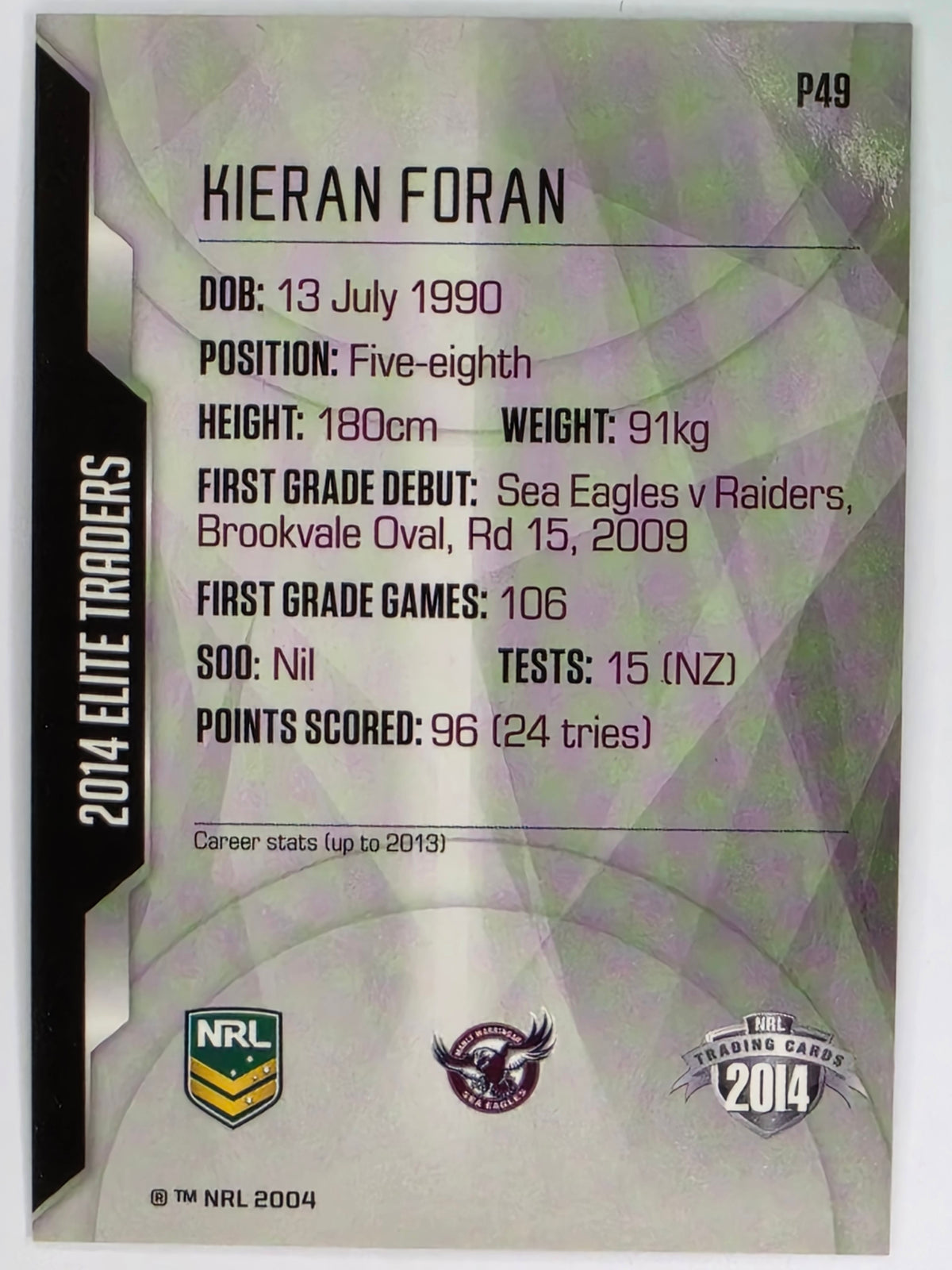 NRL 2014 Elite | Silver Parallel #P49 | Kieran Foran | Manly Warringah Sea Eagles