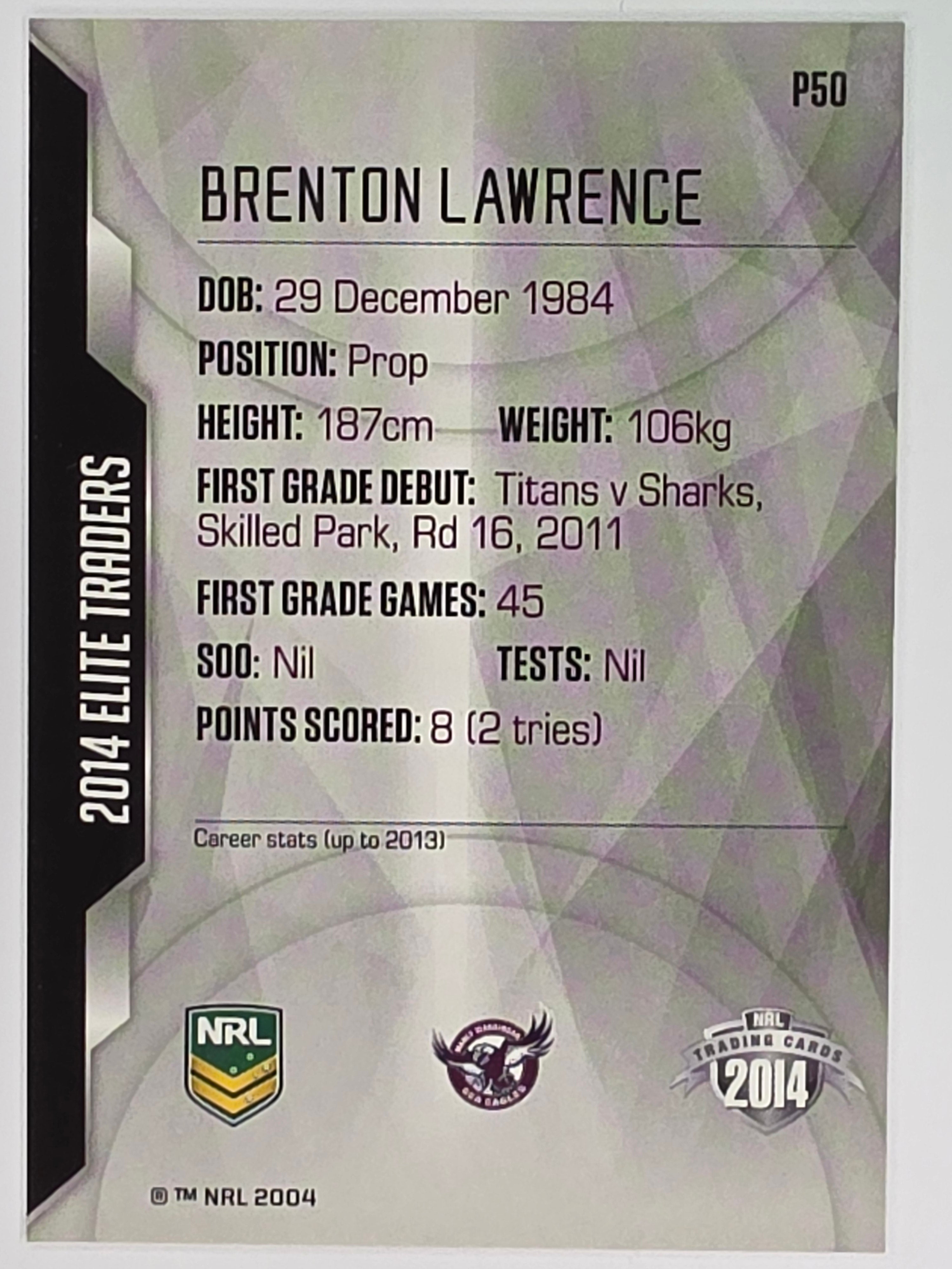 NRL 2014 Elite | Silver Parallel #P50 | Brenton Lawrence | Manly Warringah Sea Eagles