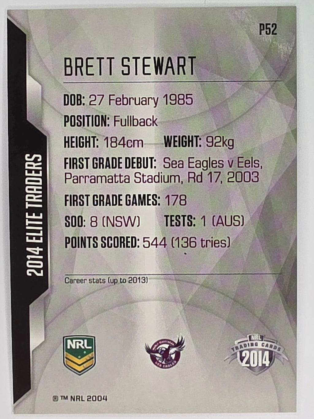 NRL 2014 Elite | Silver Parallel #P52 | Brett Stewart | Manly Warringah Sea Eagles