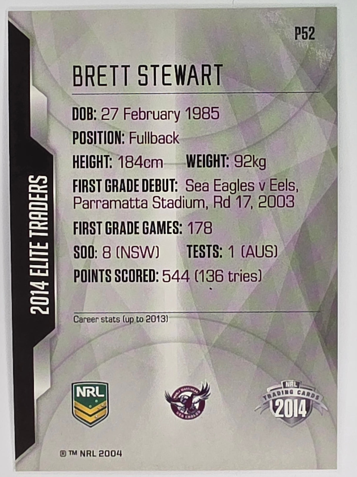 NRL 2014 Elite | Silver Parallel #P52 | Brett Stewart | Manly Warringah Sea Eagles