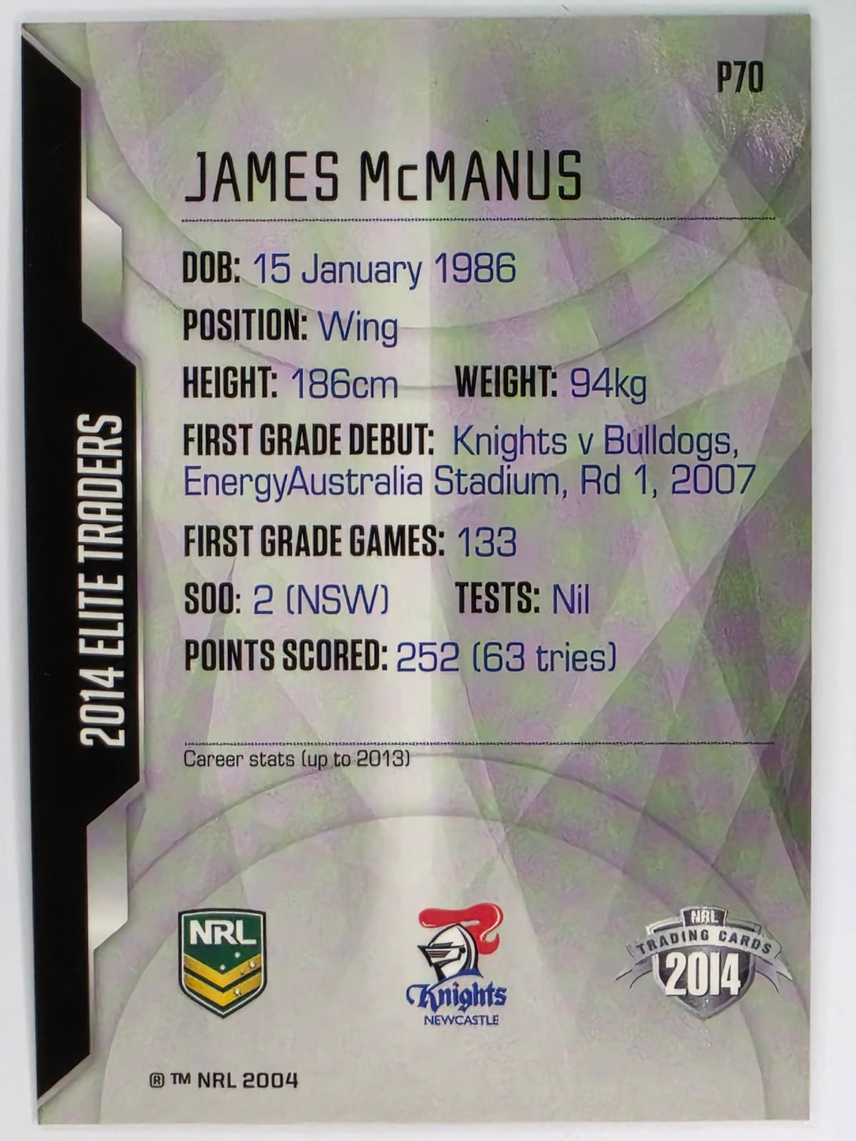NRL 2014 Elite | Silver Parallel #P70 | James McManus | Newcastle Knights