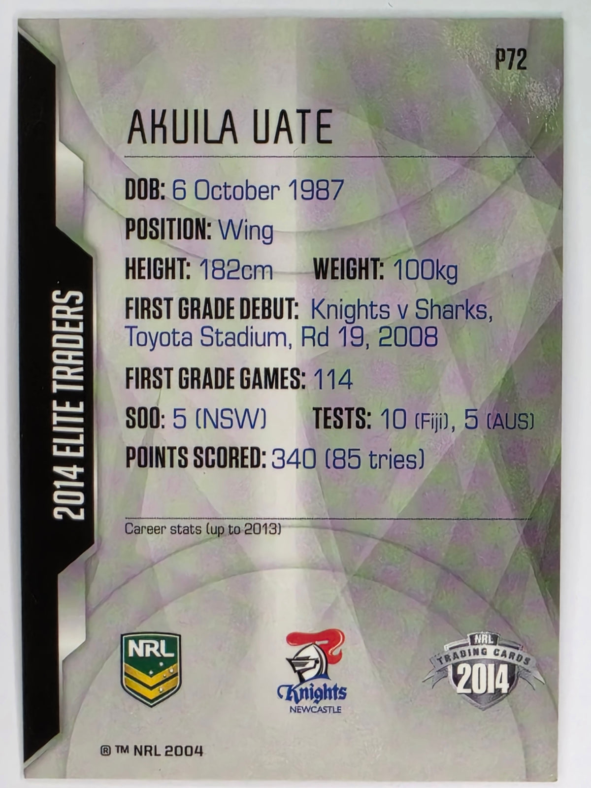NRL 2014 Elite | Silver Parallel #P72 | Akuila Uate | Newcastle Knights