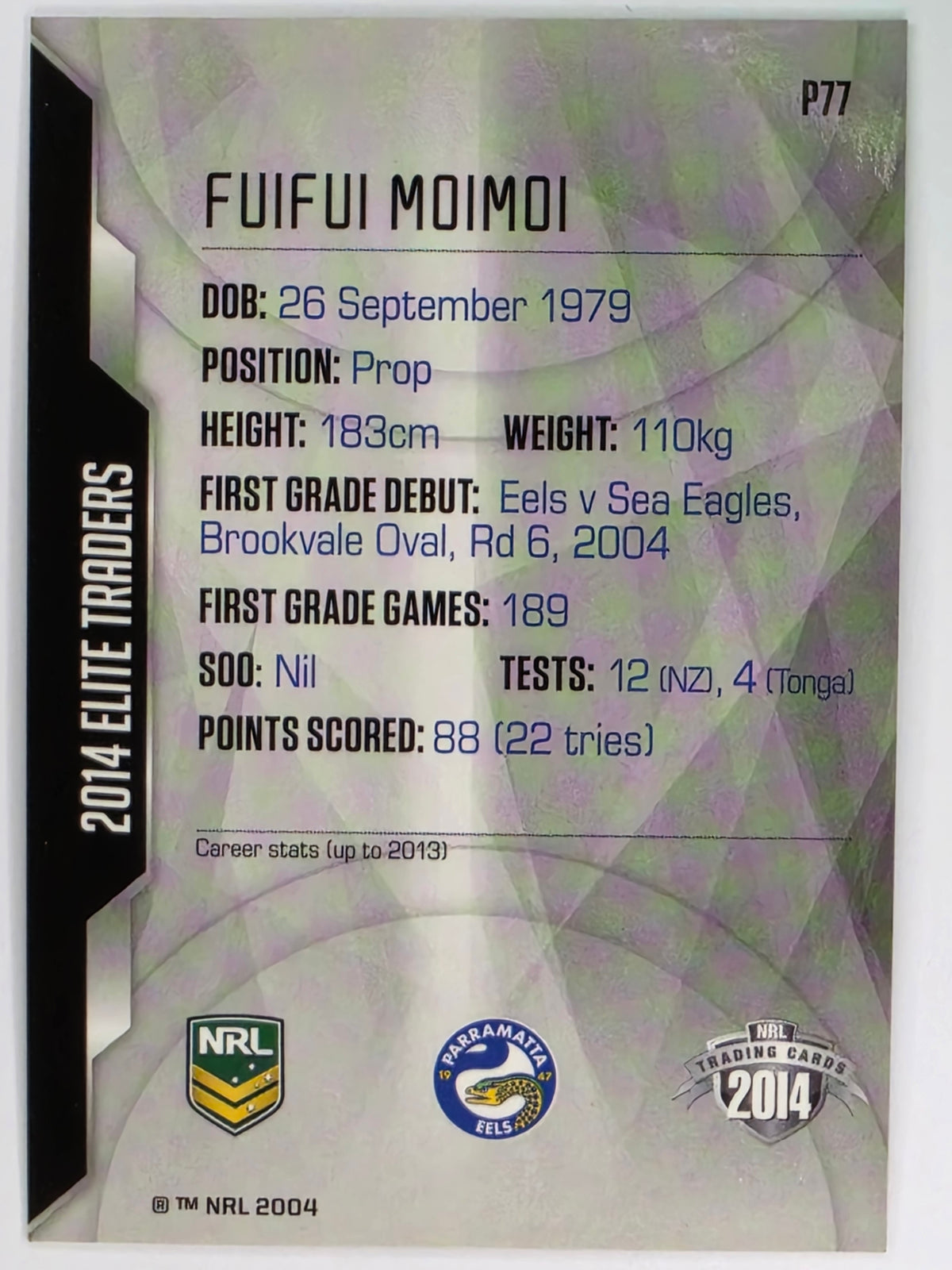 NRL 2014 Elite | Silver Parallel #P77 | Fuifui Moimoi | Parramatta Eels