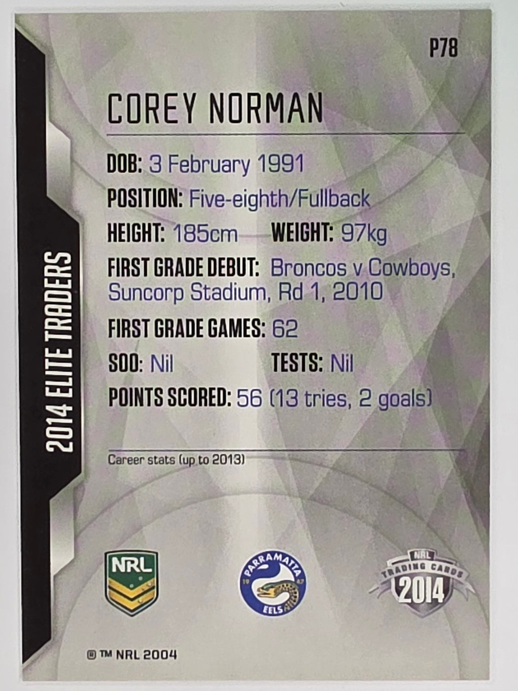 NRL 2014 Elite | Silver Parallel #P78 | Corey Norman | Parramatta Eels