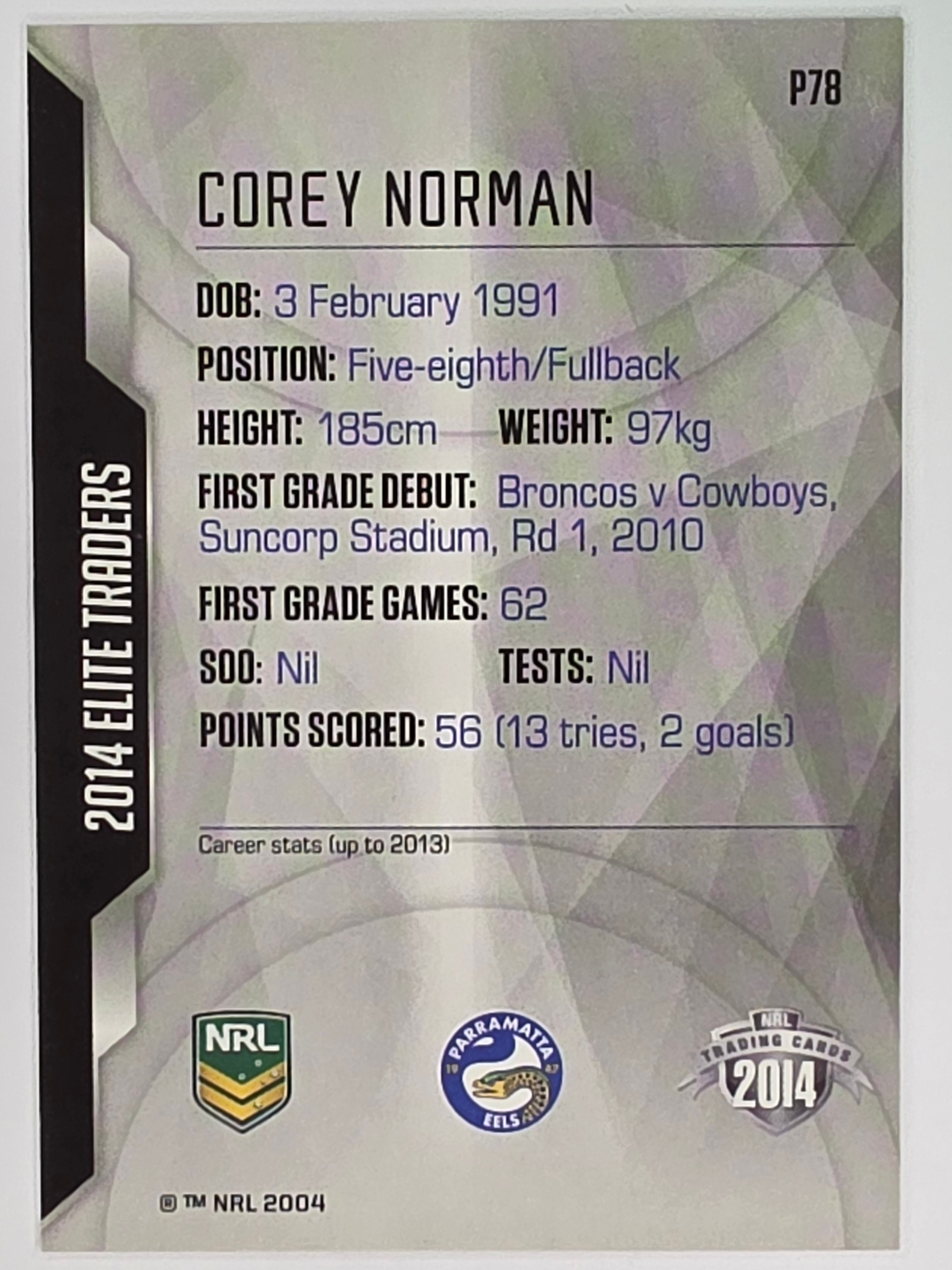 NRL 2014 Elite | Silver Parallel #P78 | Corey Norman | Parramatta Eels