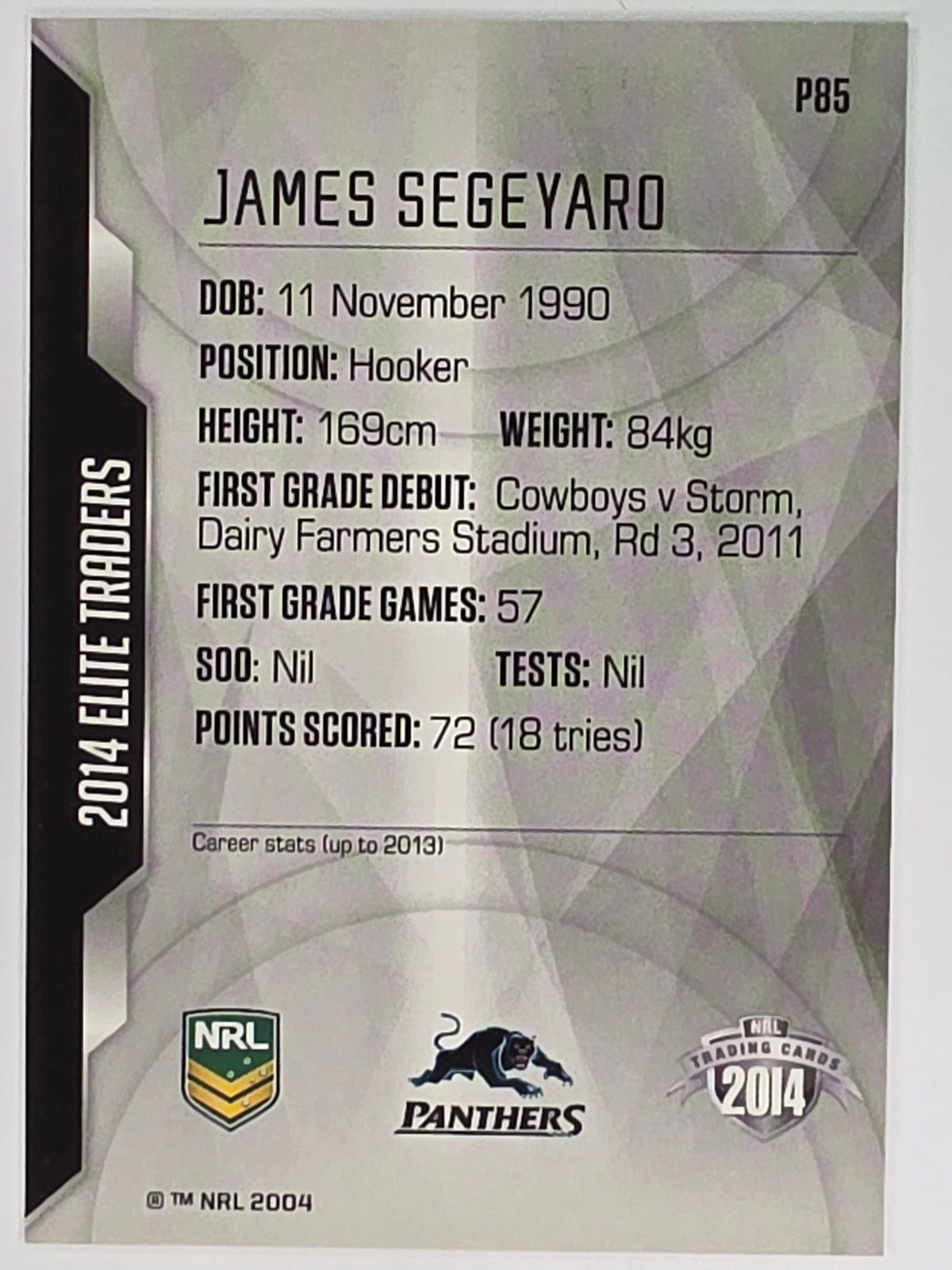 NRL 2014 Elite | Silver Parallel #P85 | James Segeyaro | Penrith Panthers