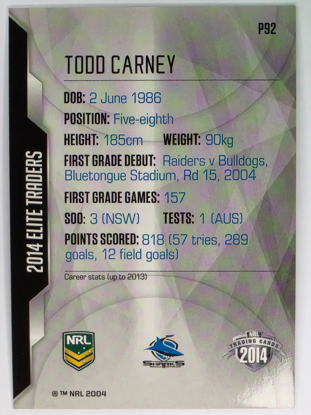 NRL 2014 Elite | Silver Parallel #P92 | Todd Carney | Cronulla Sutherland Sharks