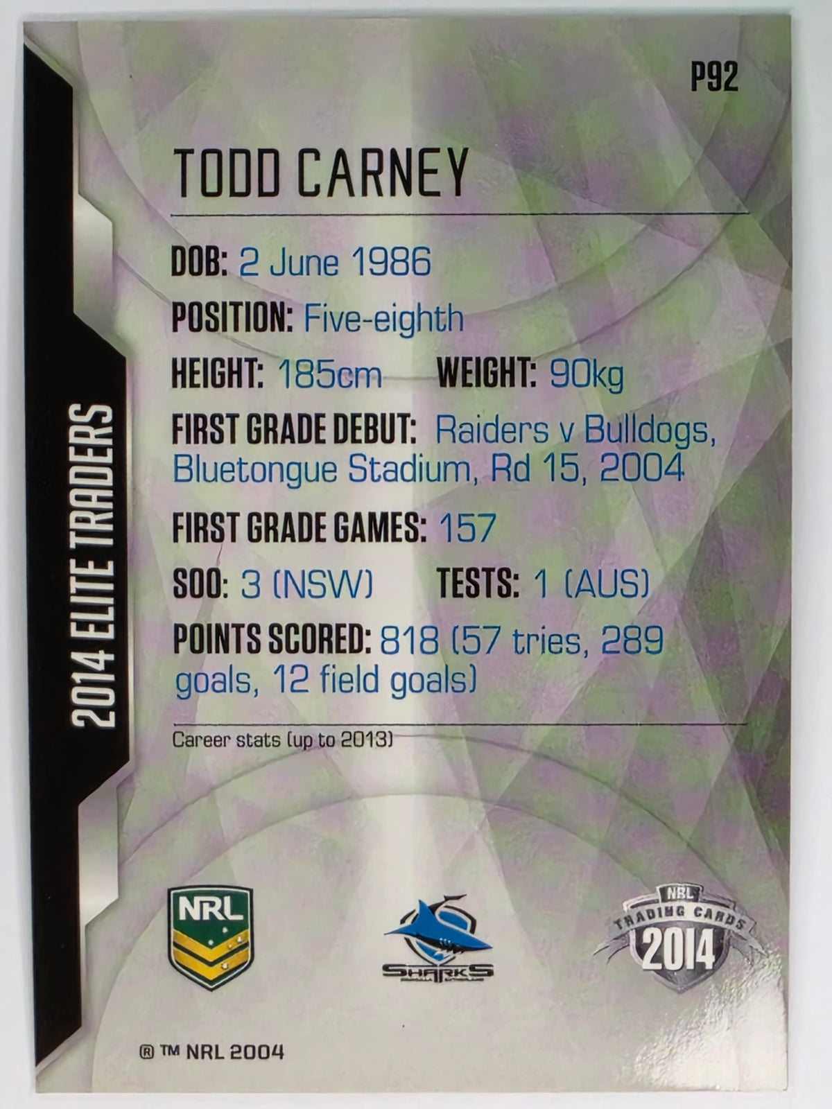 NRL 2014 Elite | Silver Parallel #P92 | Todd Carney | Cronulla Sutherland Sharks