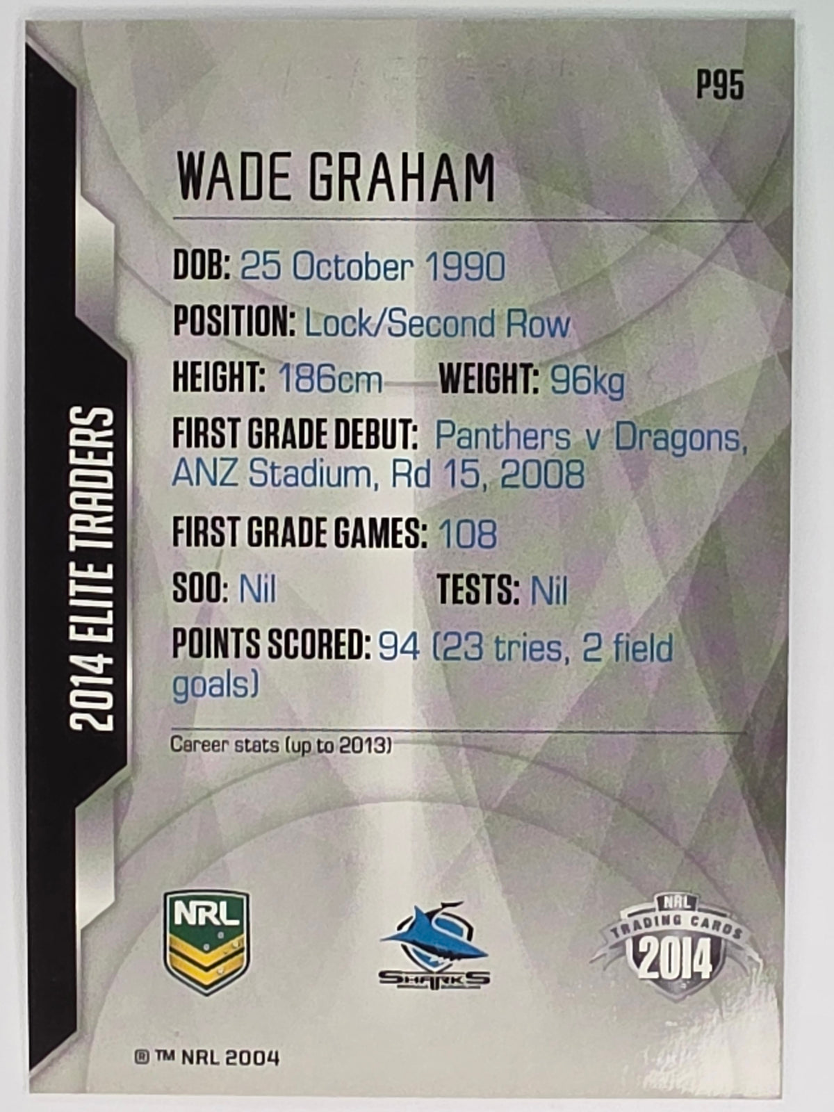 NRL 2014 Elite | Silver Parallel #P95 | Wade Graham | Cronulla Sutherland Sharks