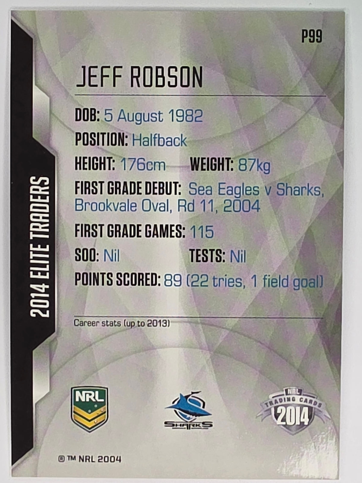 NRL 2014 Elite | Silver Parallel #P99 | Jeff Robson | Cronulla Sutherland Sharks