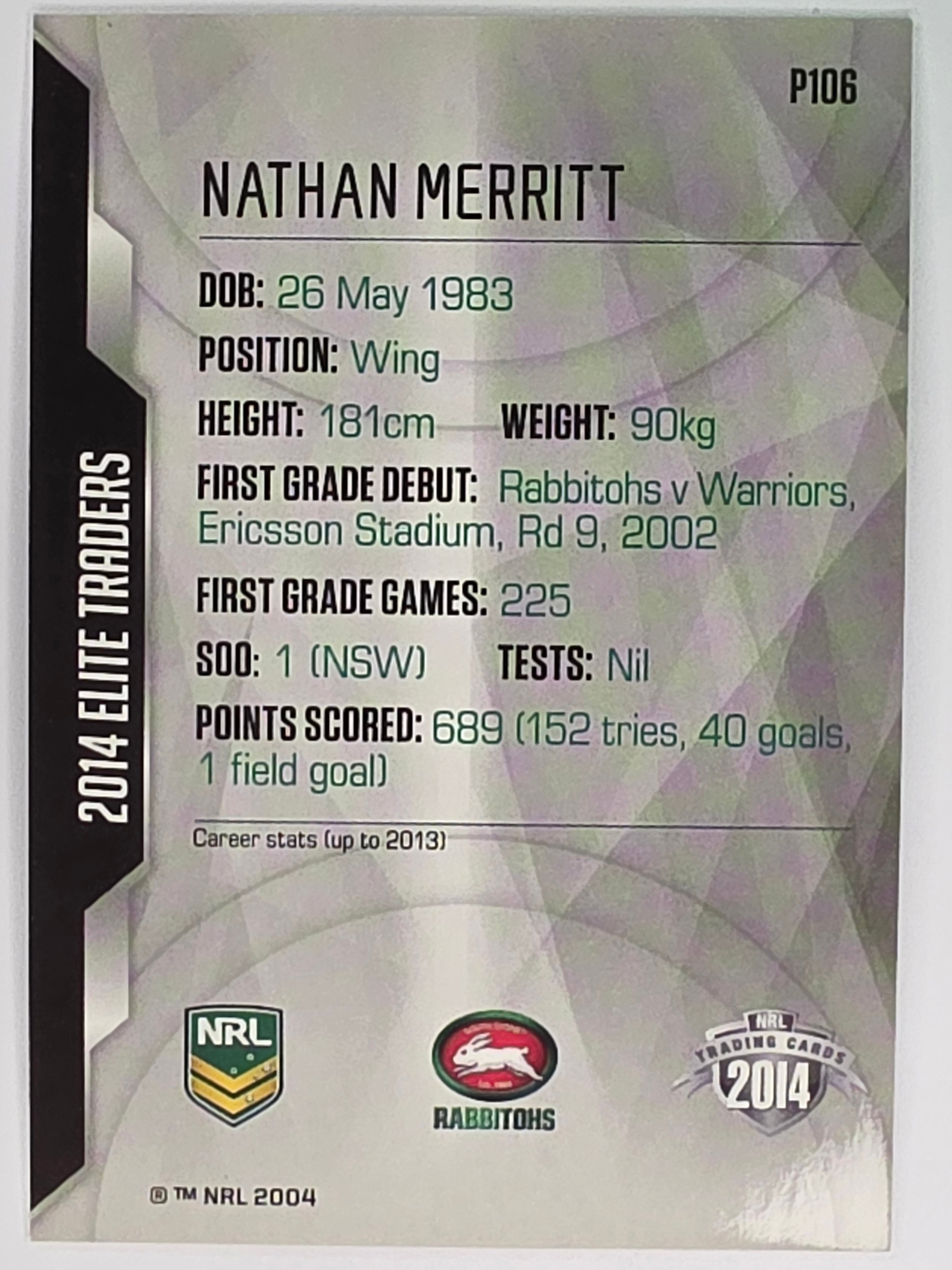 NRL 2014 Elite | Silver Parallel #P106 | Nathan Merritt | South Sydney Rabbitohs