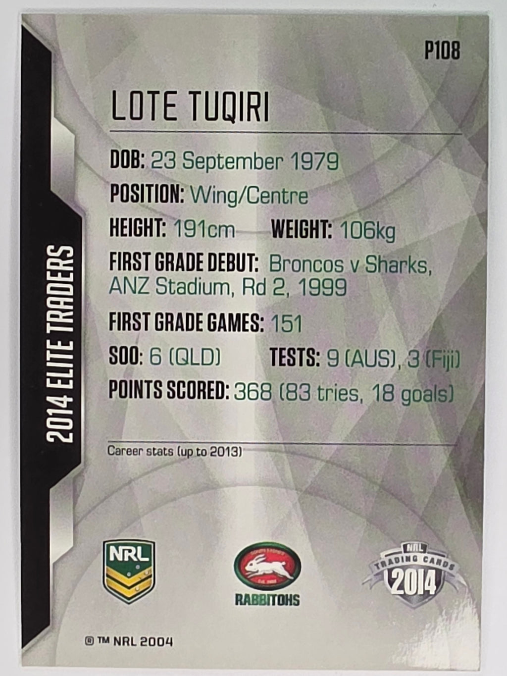 NRL 2014 Elite | Silver Parallel #P108 | Lote Tuqiri | South Sydney Rabbitohs