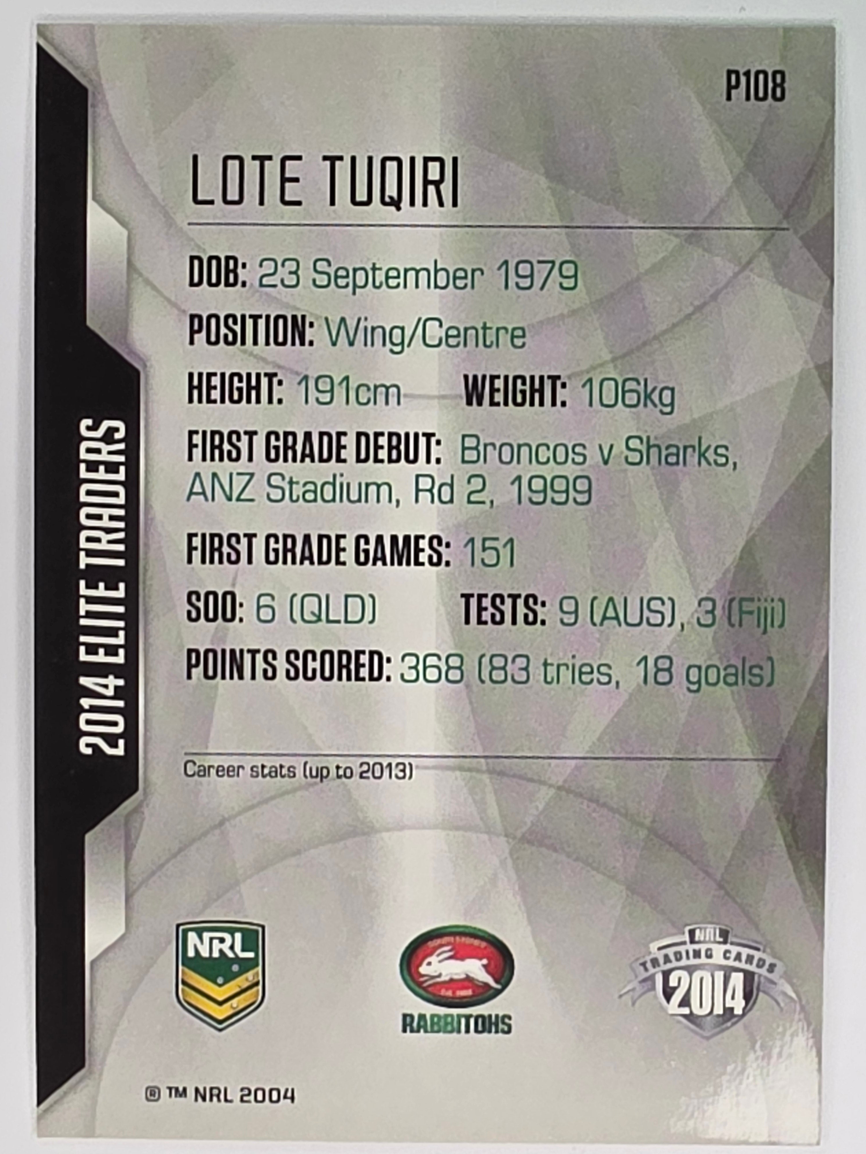 NRL 2014 Elite | Silver Parallel #P108 | Lote Tuqiri | South Sydney Rabbitohs
