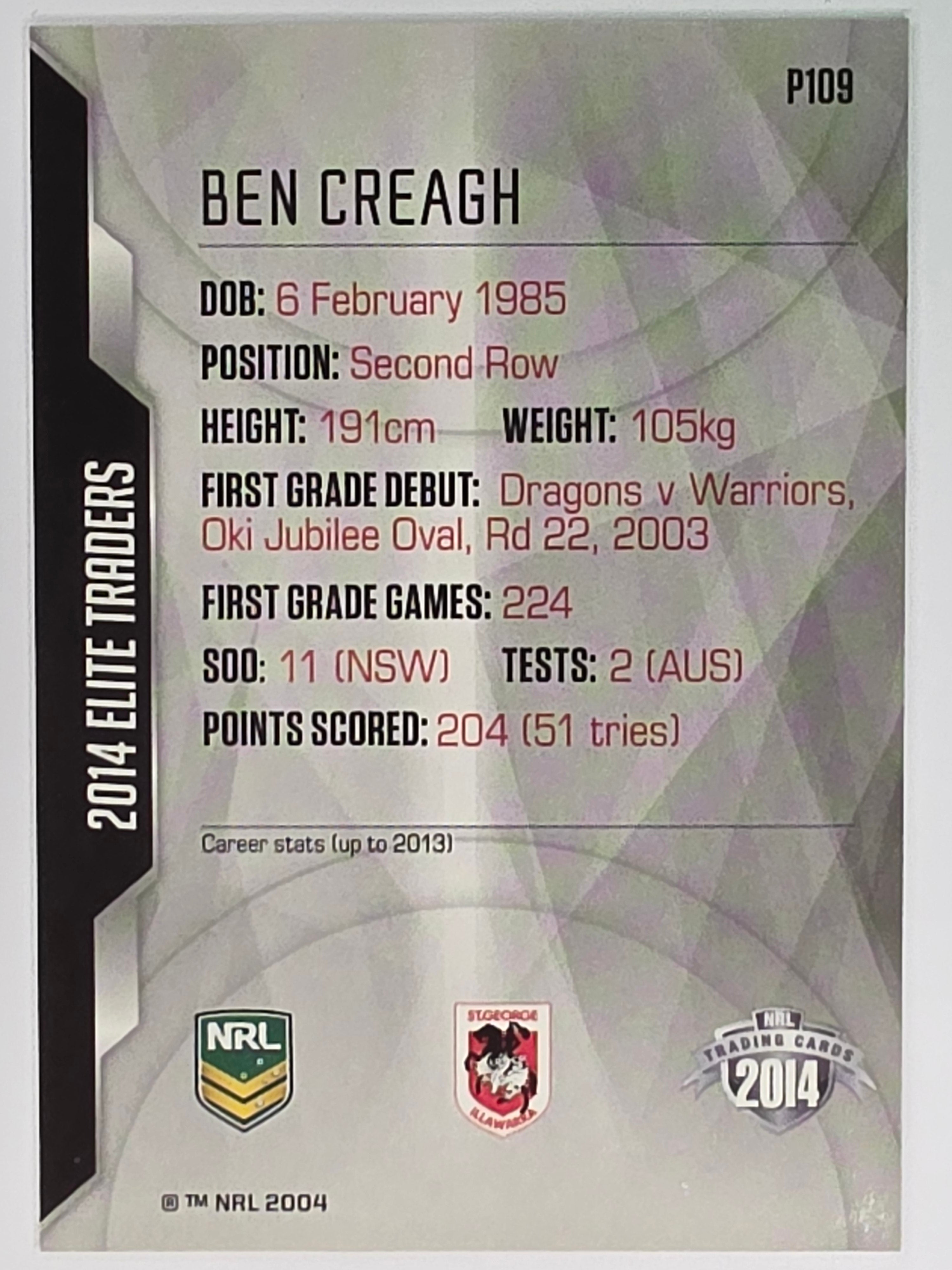 NRL 2014 Elite | Silver Parallel #P109 | Ben Creagh | St George Illawarra Dragons