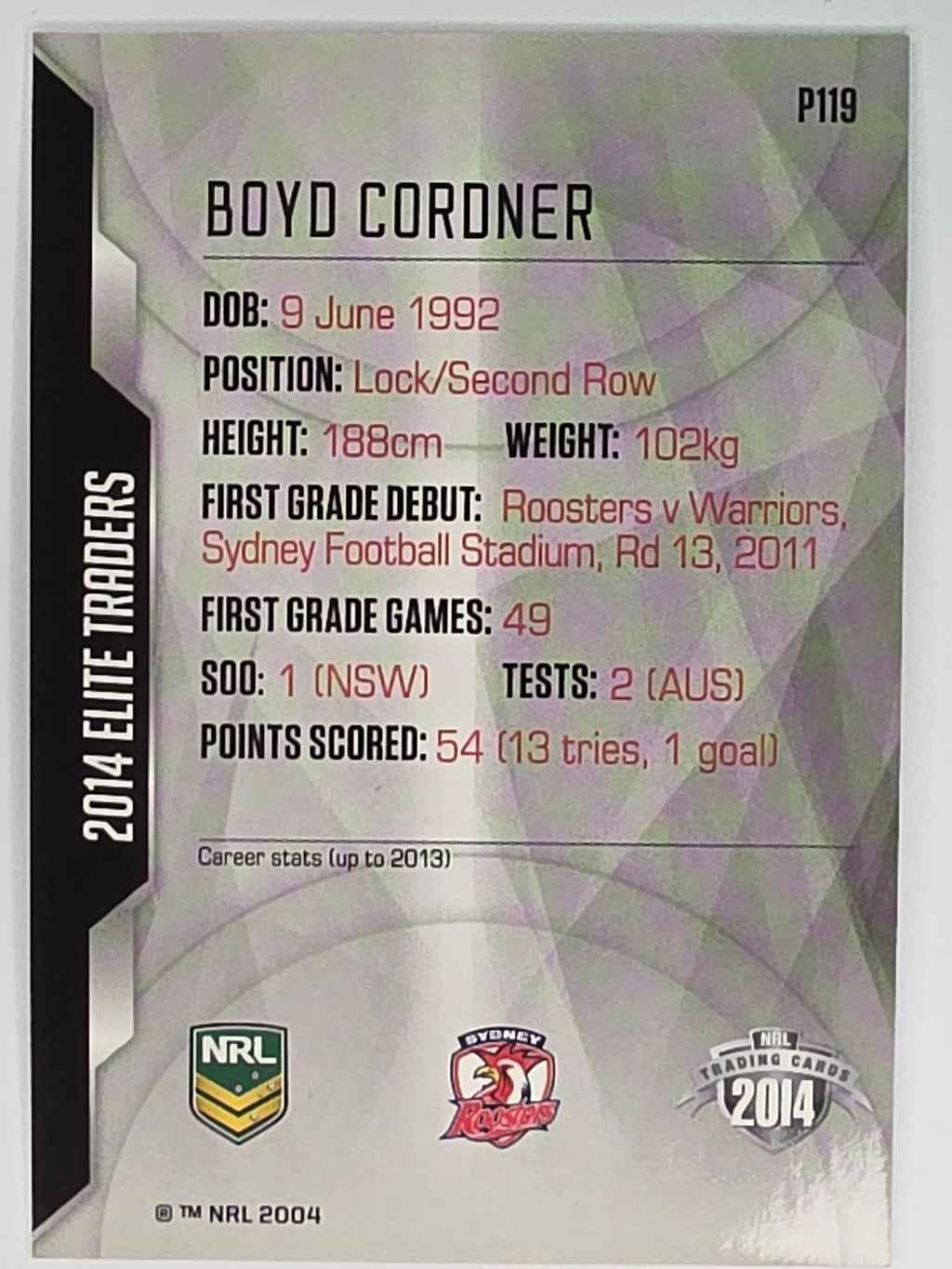 NRL 2014 Elite | Silver Parallel #P119 | Boyd Cordner | Sydney Roosters