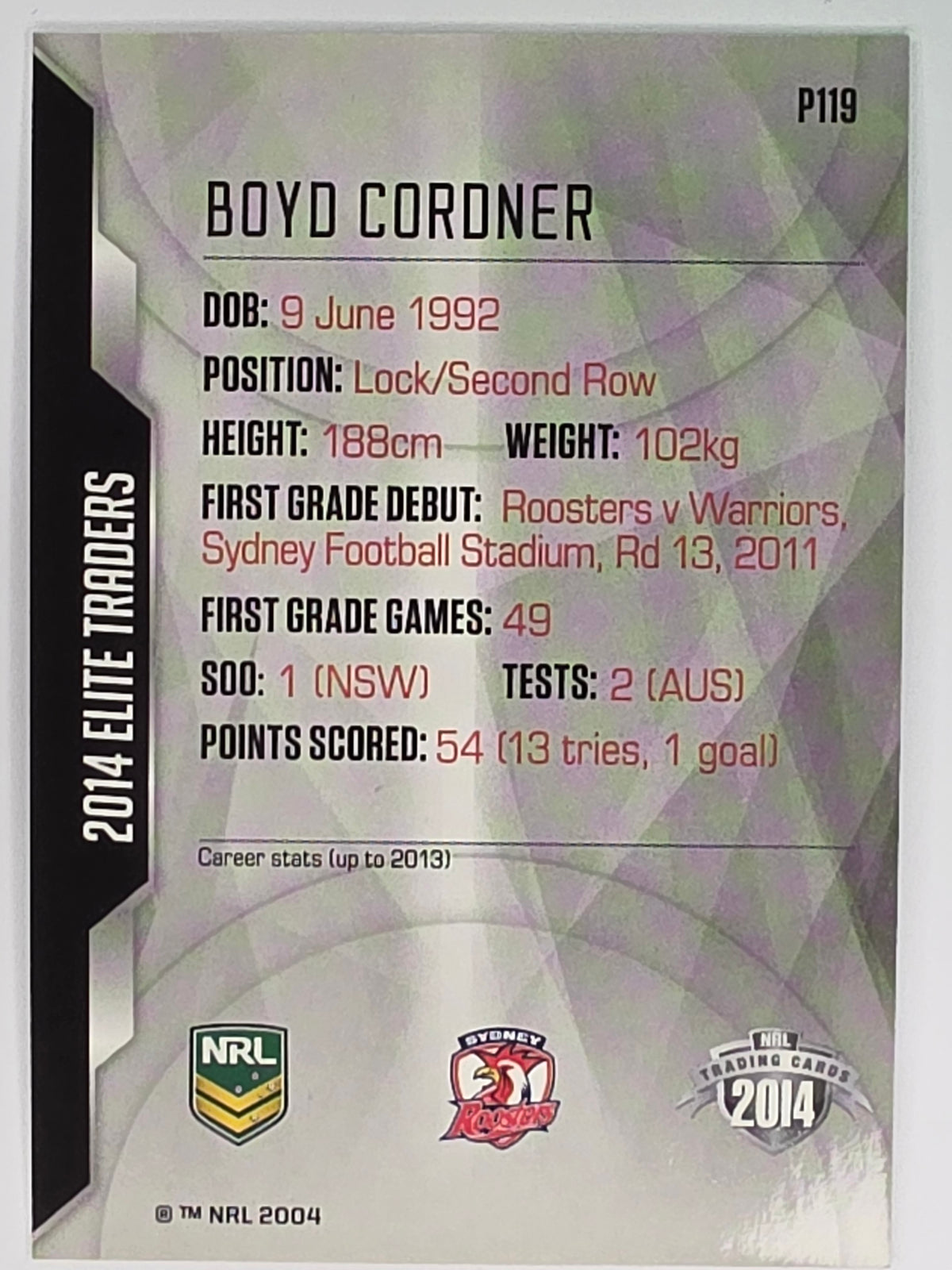 NRL 2014 Elite | Silver Parallel #P119 | Boyd Cordner | Sydney Roosters