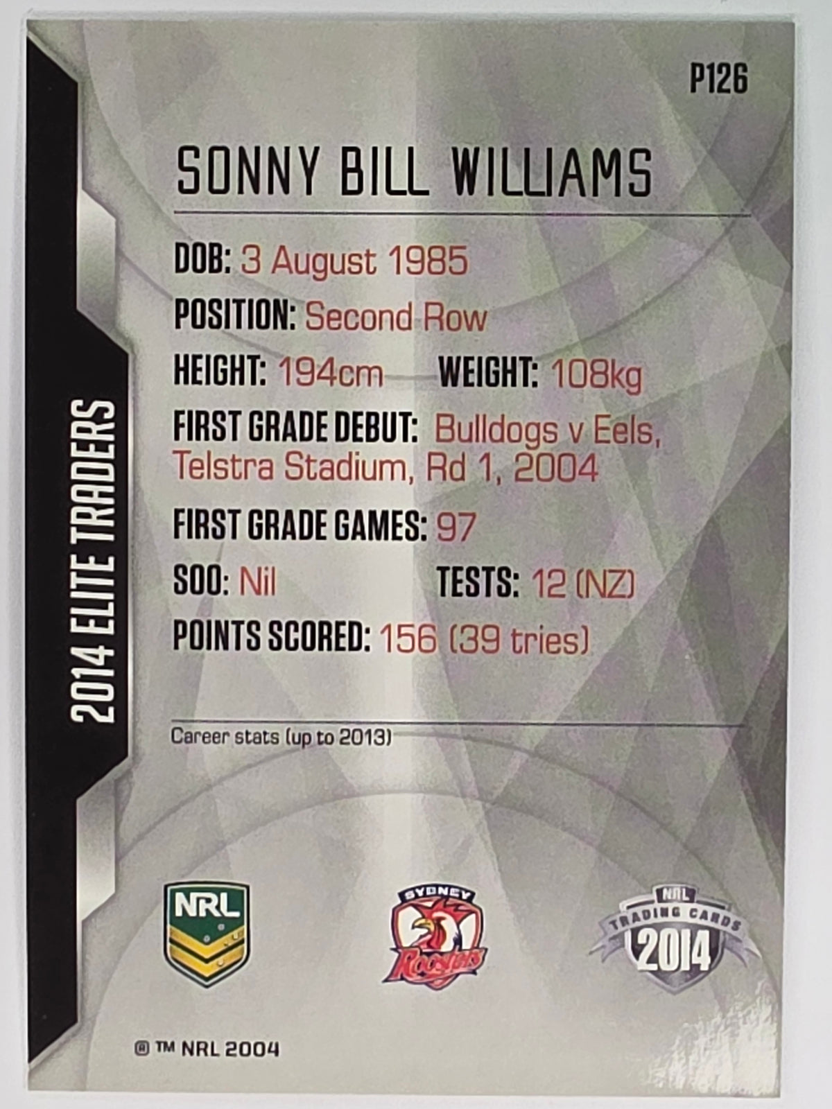 NRL 2014 Elite | Silver Parallel #P126 | Sonny Bill Williams | Sydney Roosters