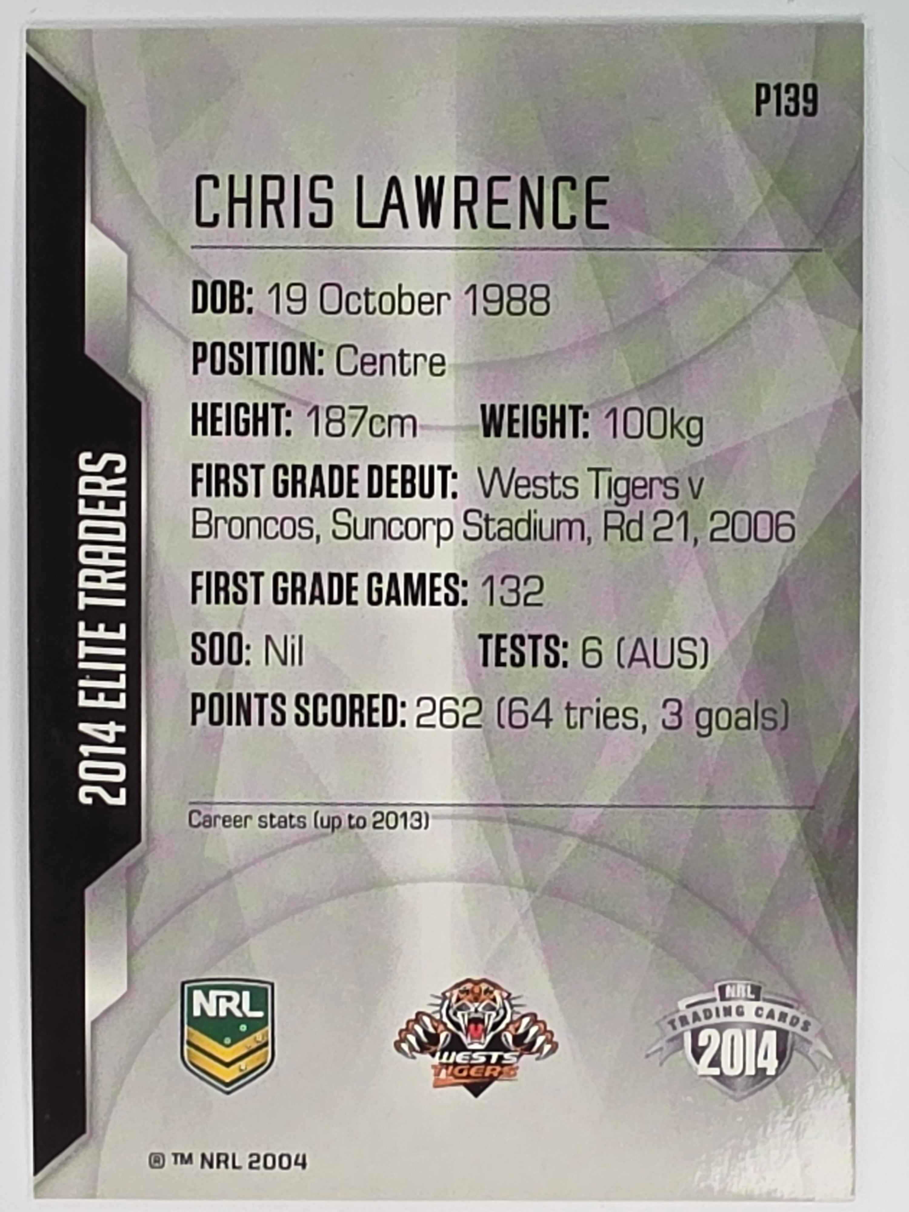 NRL 2014 Elite | Silver Parallel #P139 | Chris Lawrence | Wests Tigers