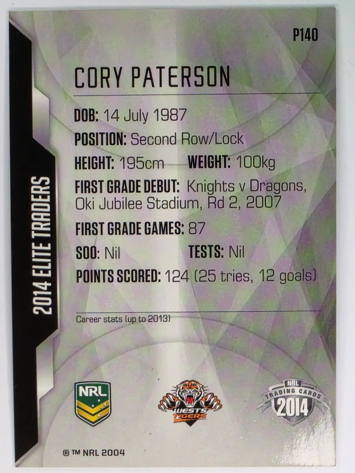NRL 2014 Elite | Silver Parallel #P140 | Cory Paterson | Wests Tigers