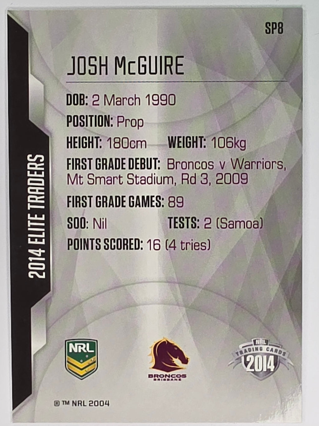 NRL 2014 Elite | Gold Parallel #P8 | Josh McGuire | Brisbane Broncos