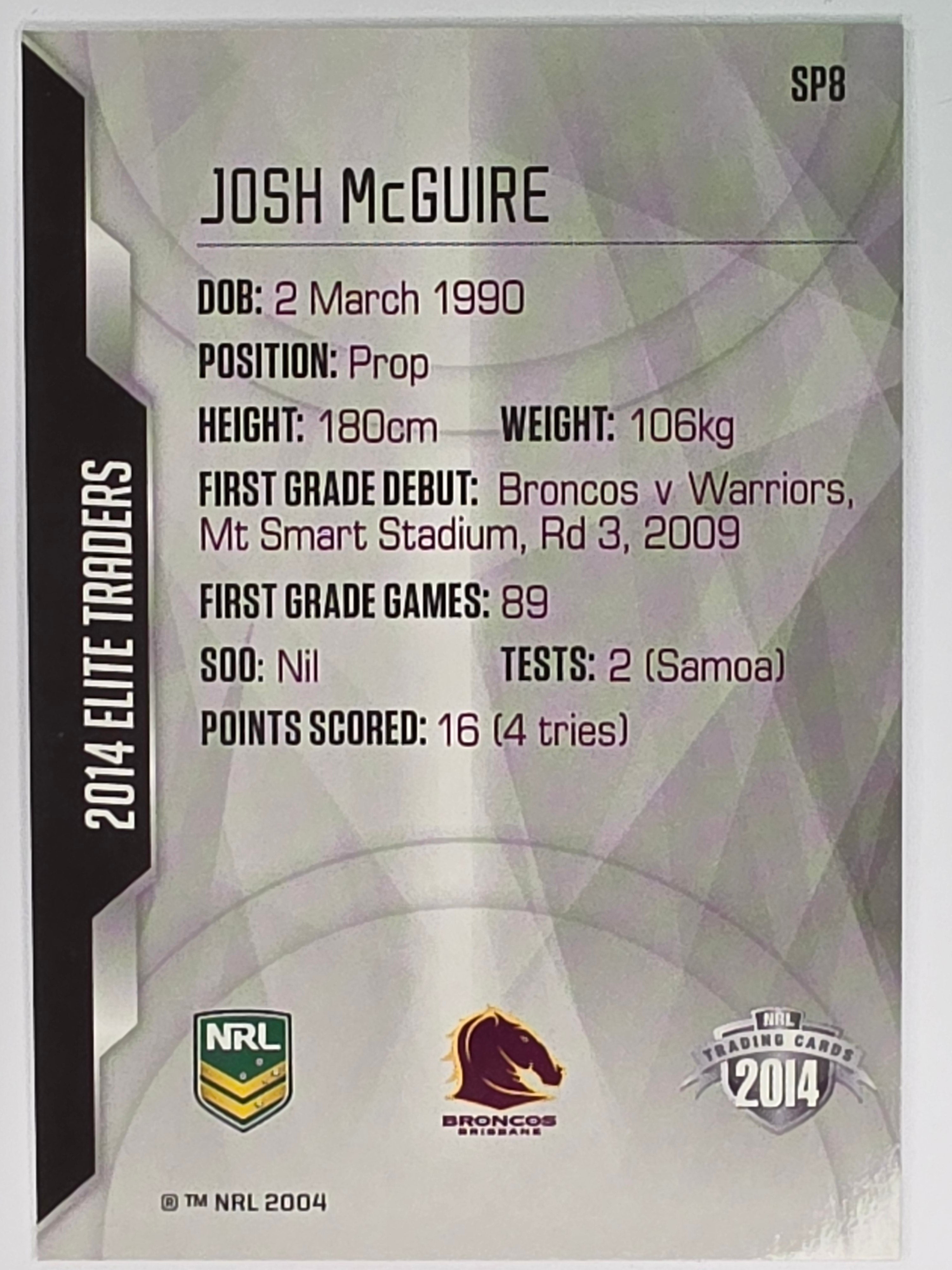 NRL 2014 Elite | Gold Parallel #P8 | Josh McGuire | Brisbane Broncos