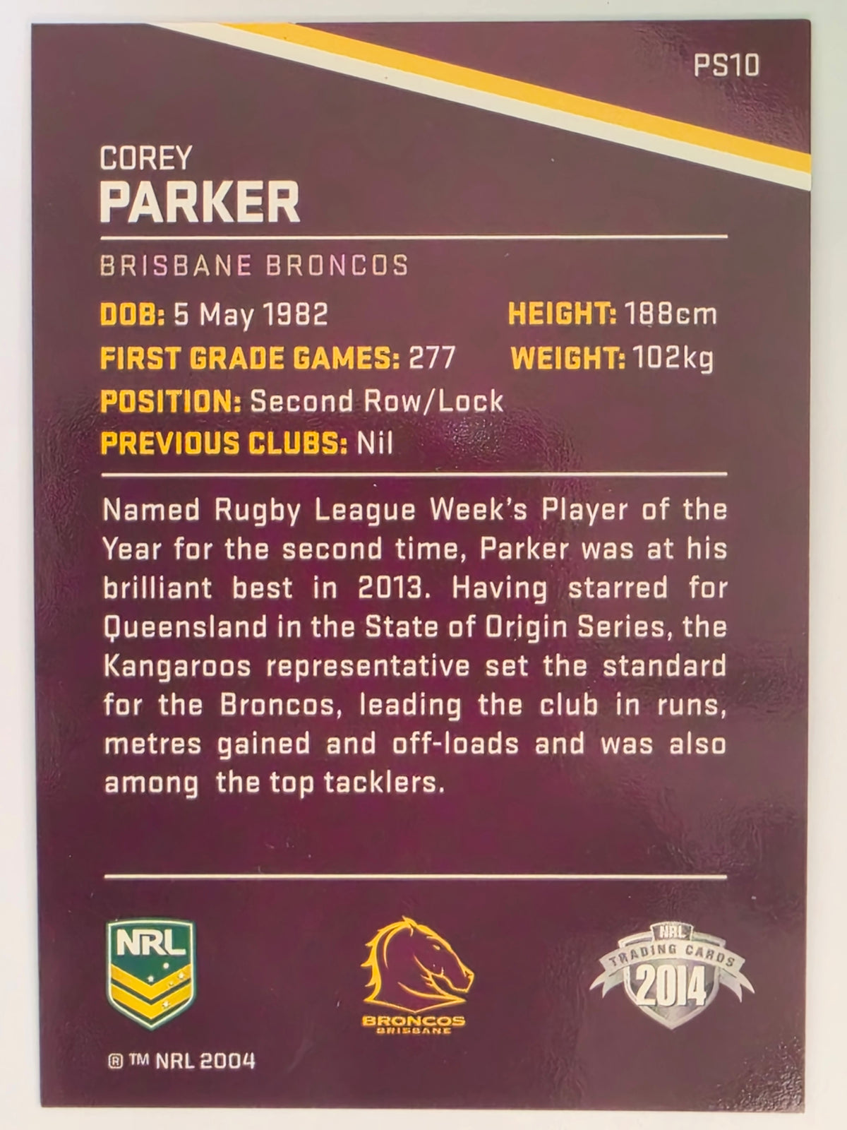 NRL 2014 Traders Black Parallel #P10 Corey Parker Brisbane Broncos