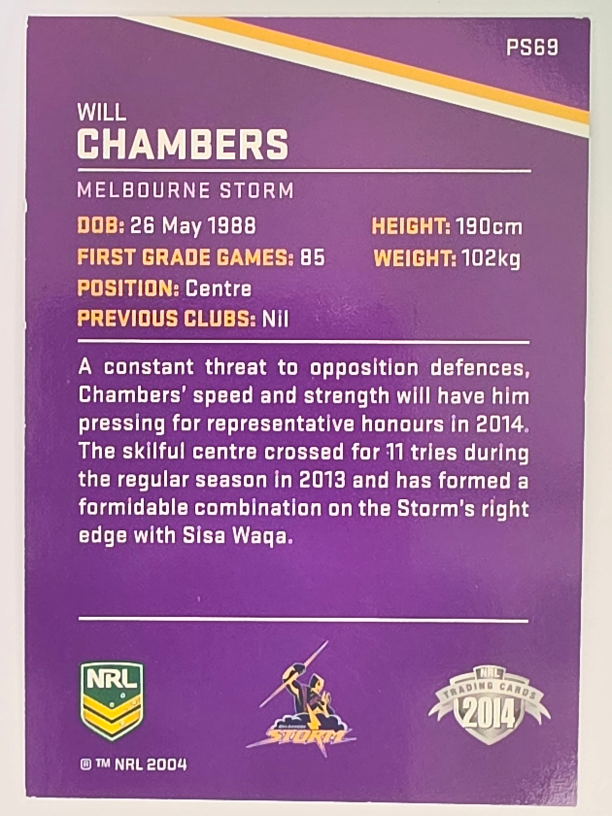 NRL 2014 Traders Black Parallel #P69 Will Chambers Melbourne Storm
