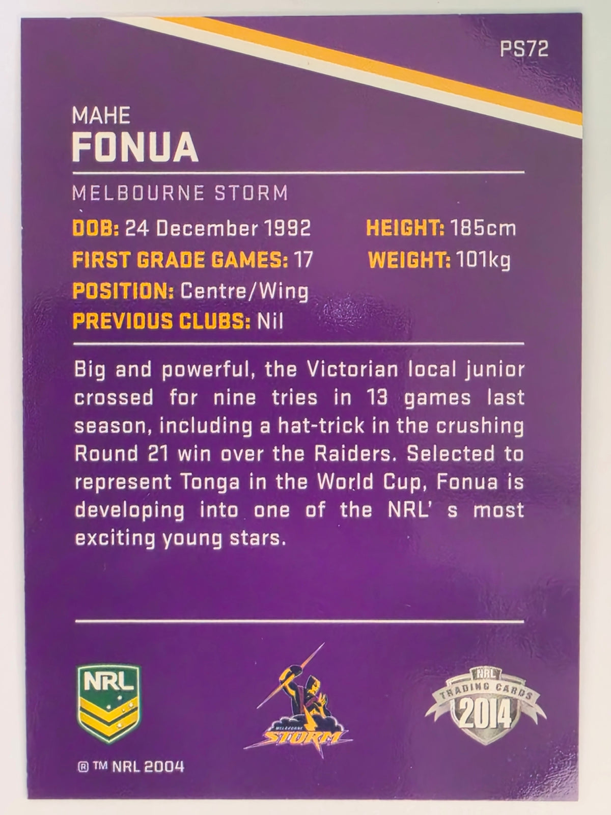 NRL 2014 Traders Black Parallel #P72 Mahe Fonua Melbourne Storm