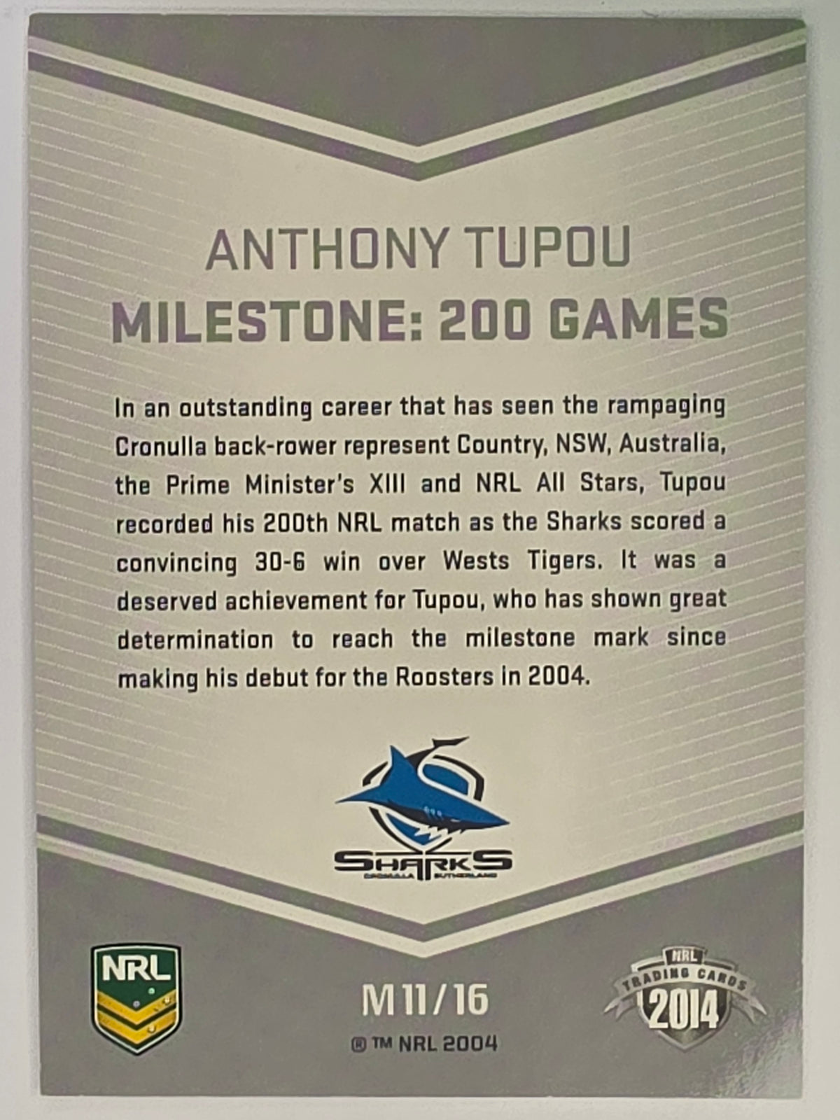 NRL 2014 Traders | Milestones #M11 | Anthony Tupou | Cronulla Sutherland Sharks