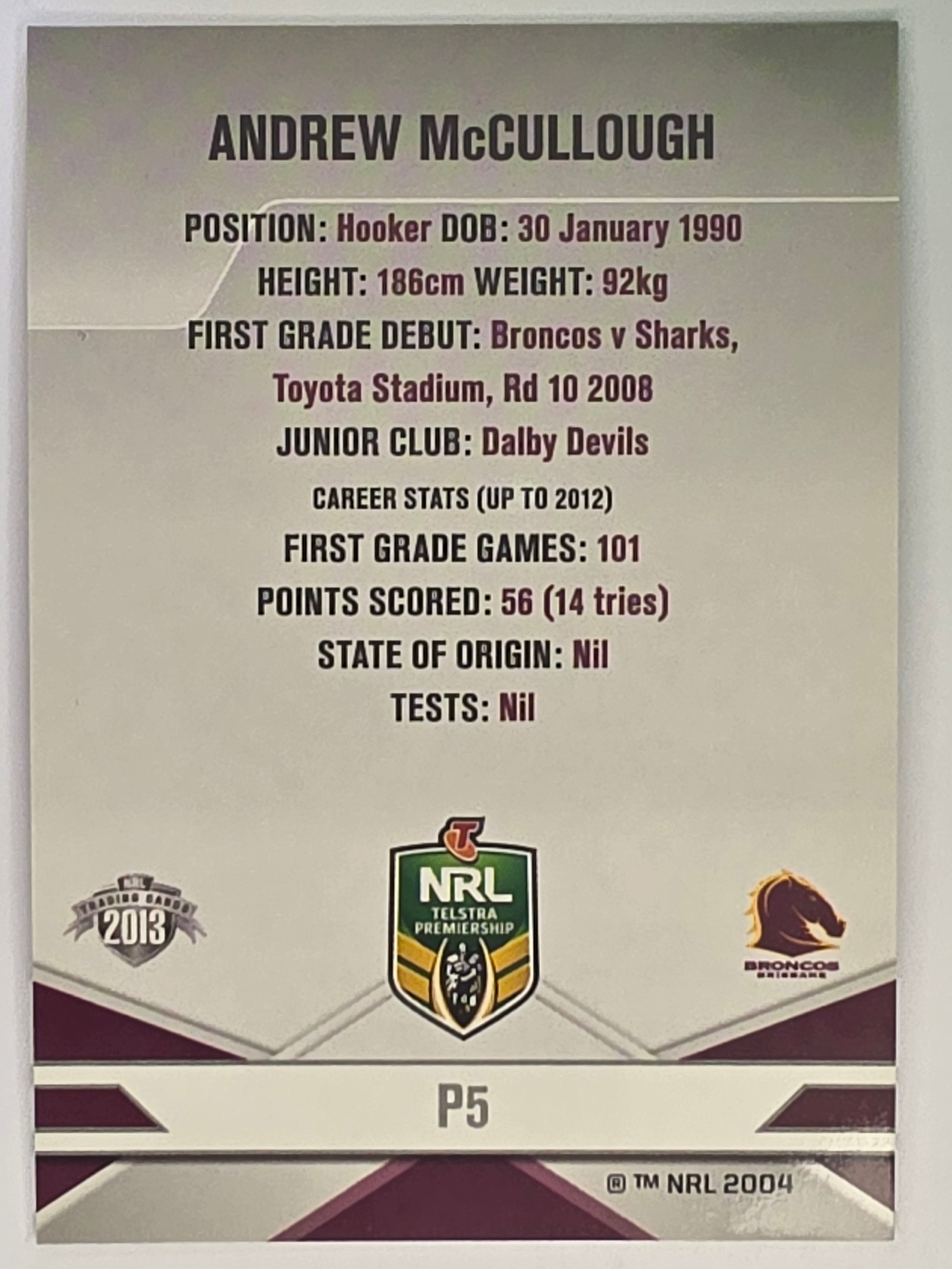NRL 2013 Elite | Silver Parallel #P5 | Andrew McCullough | Brisbane Broncos