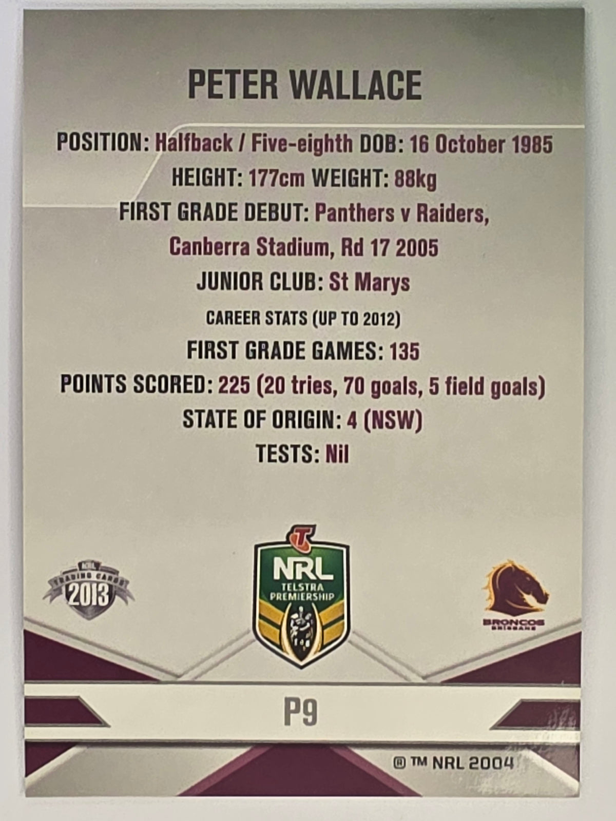 NRL 2013 Elite | Silver Parallel #P9 | Peter Wallace | Brisbane Broncos