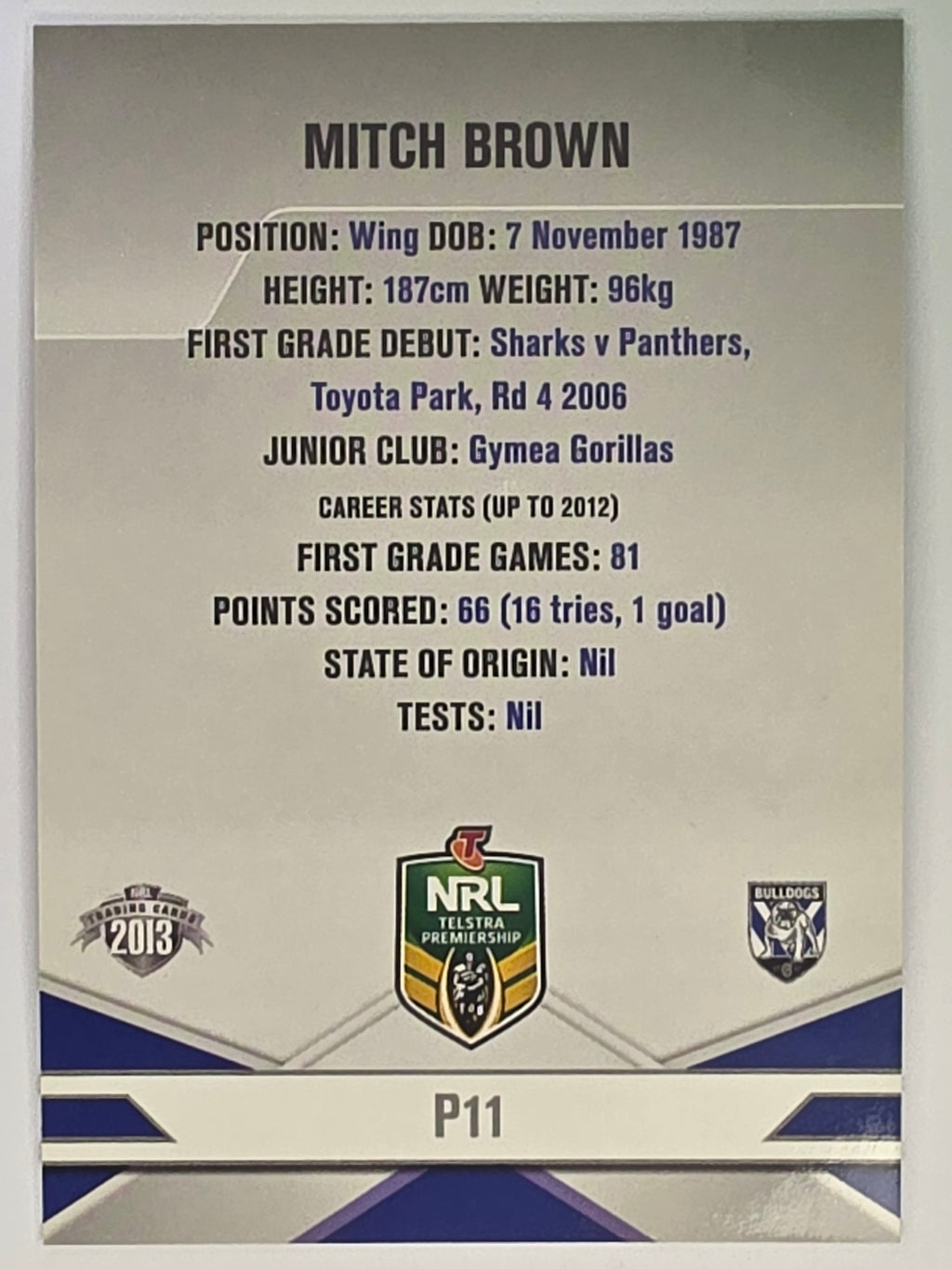 NRL 2013 Elite | Silver Parallel #P11 | Mitch Brown | Canterbury Bankstown Bulldogs