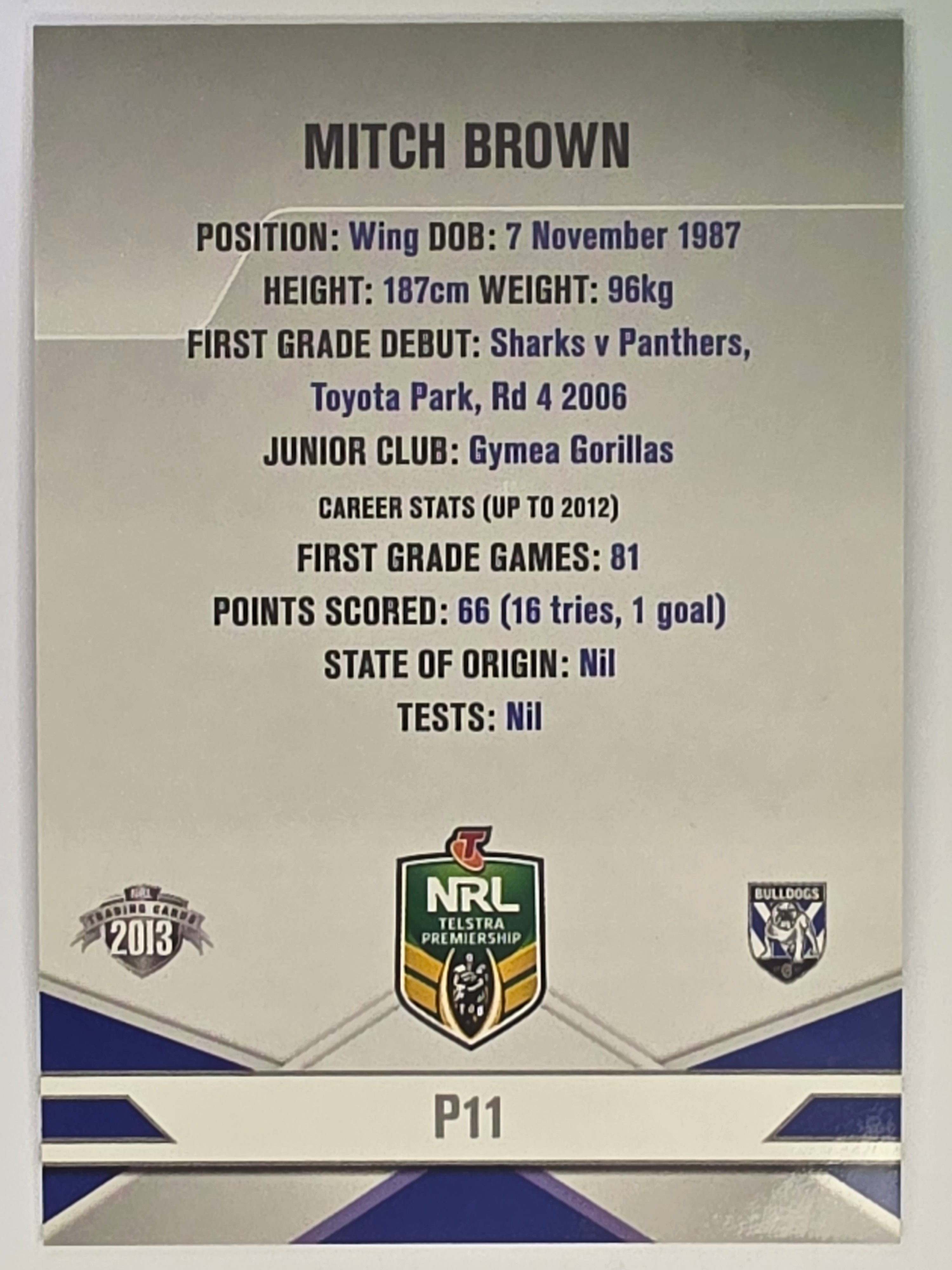NRL 2013 Elite | Silver Parallel #P11 | Mitch Brown | Canterbury Bankstown Bulldogs