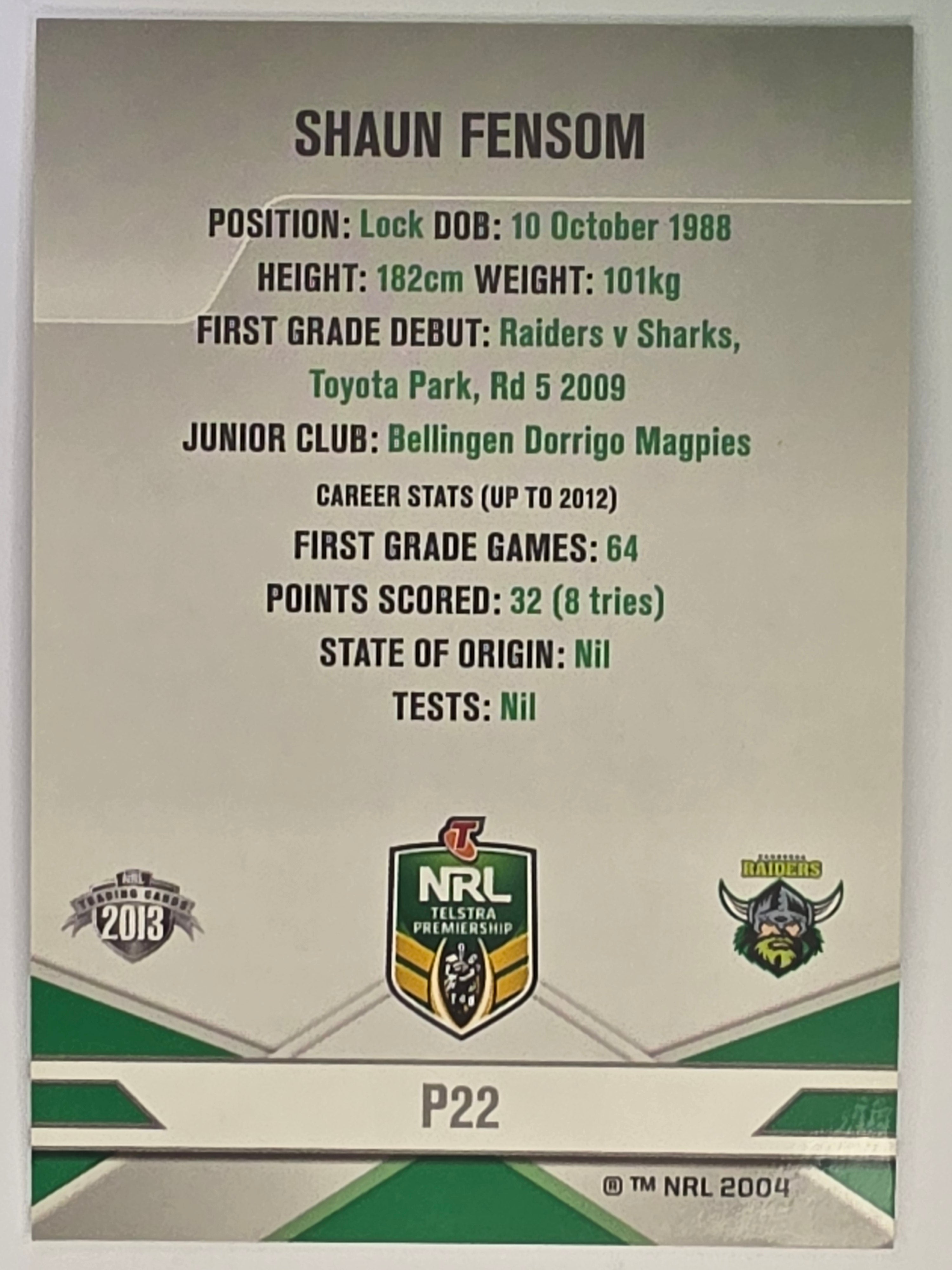 NRL 2013 Elite | Silver Parallel #P22 | Shaun Fensom | Canberra Raiders