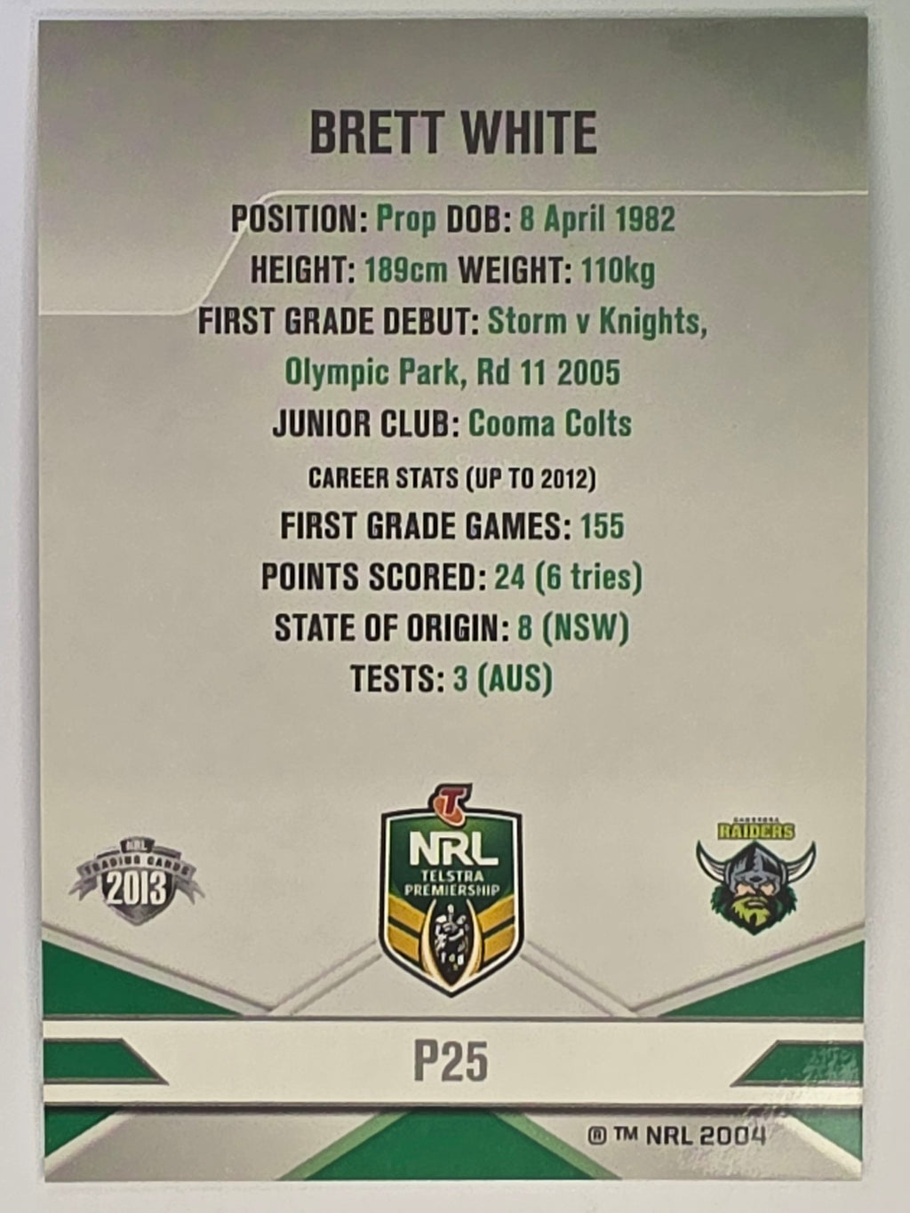 NRL 2013 Elite | Silver Parallel #P25 | Brett White | Canberra Raiders